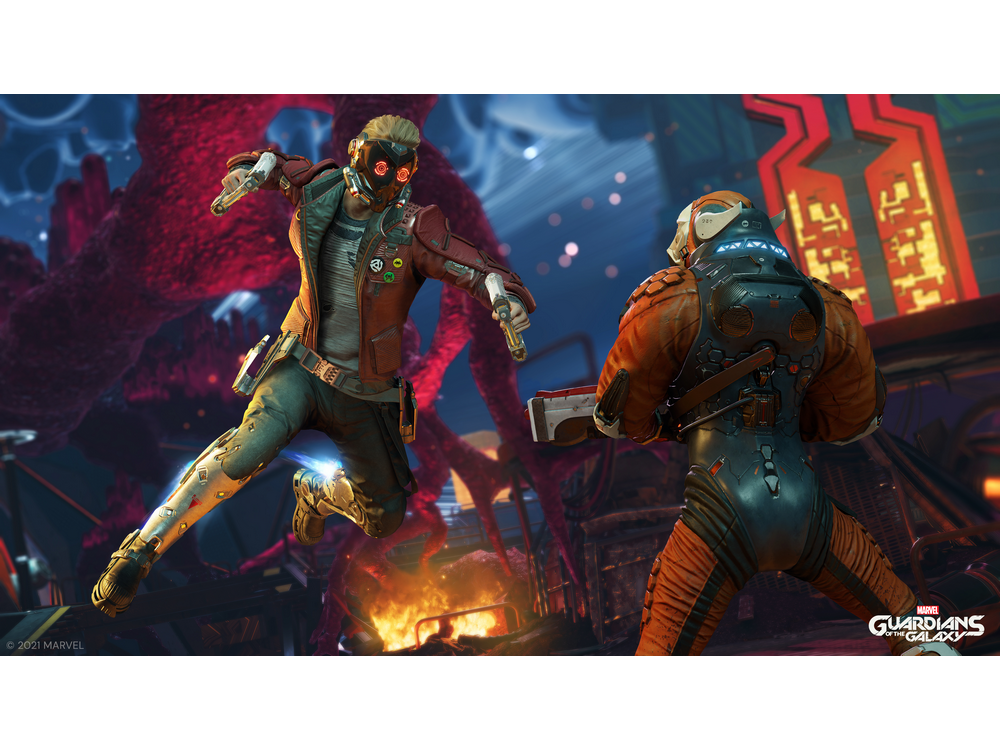 Dos personajes en un videojuego, uno saltando con armas, en un entorno colorido.