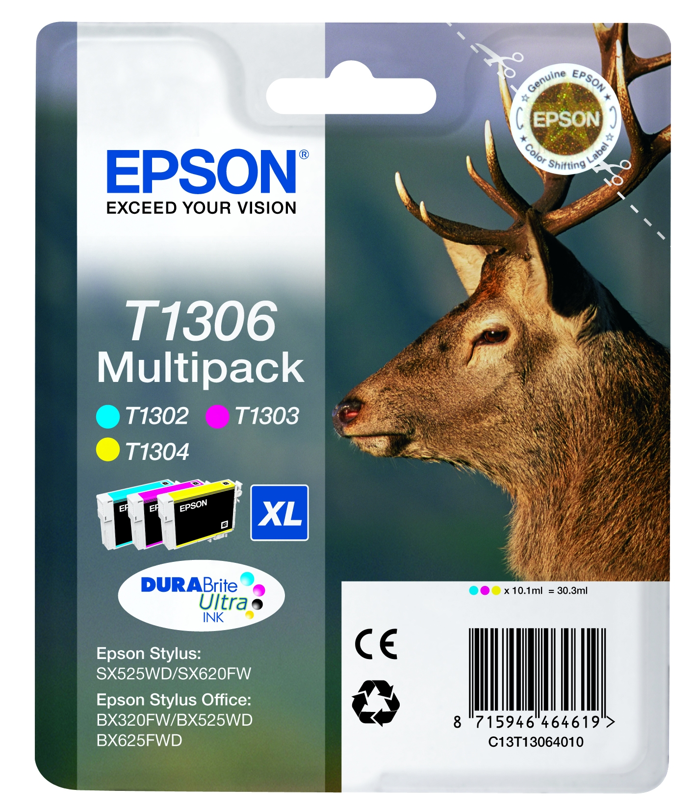 Multipack 3 cartucce Epson Cervo T1306Xl Giallo, Ciano, Magenta