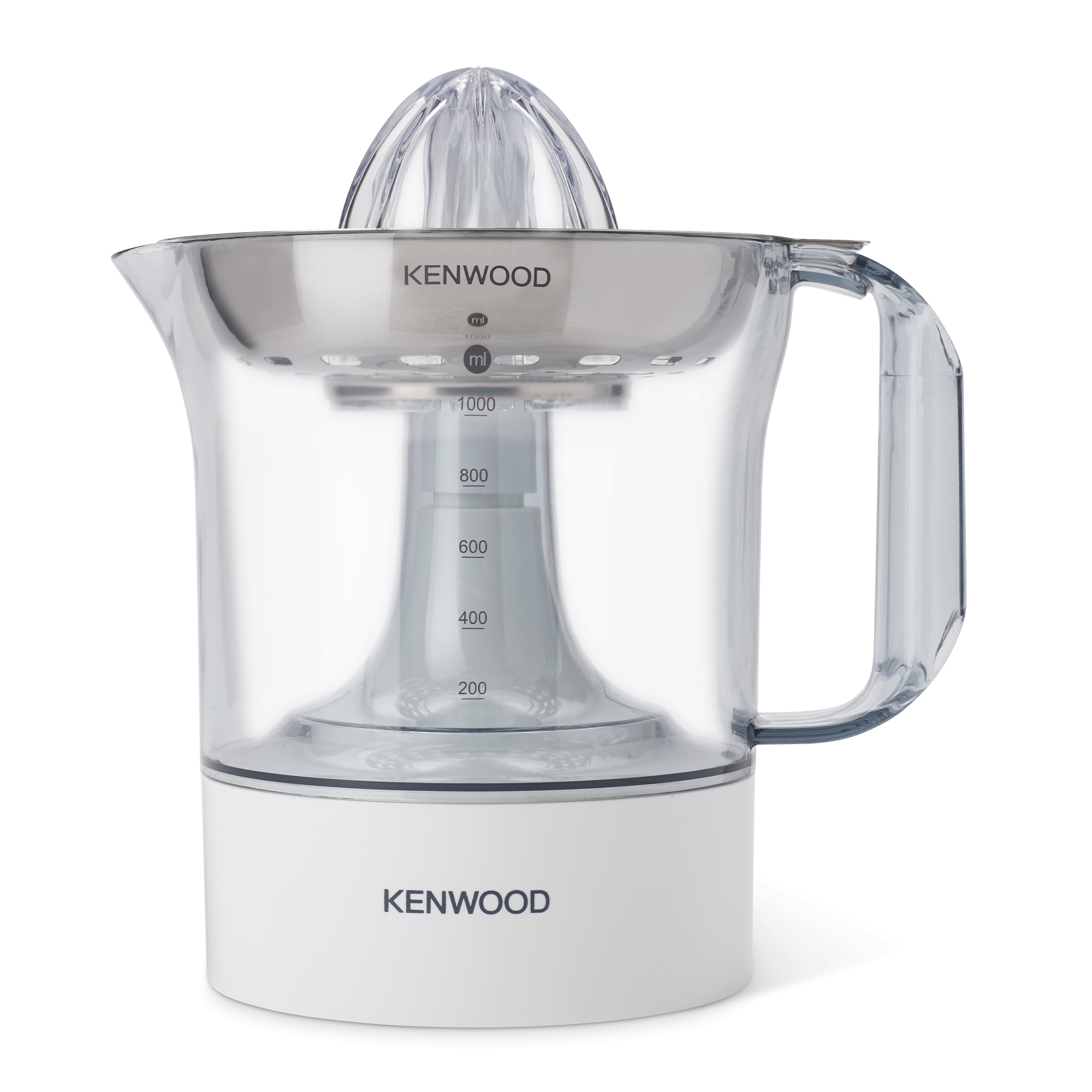 Un estrattore Kenwood con base bianca e caraffa trasparente. L'estrattore è vuoto.