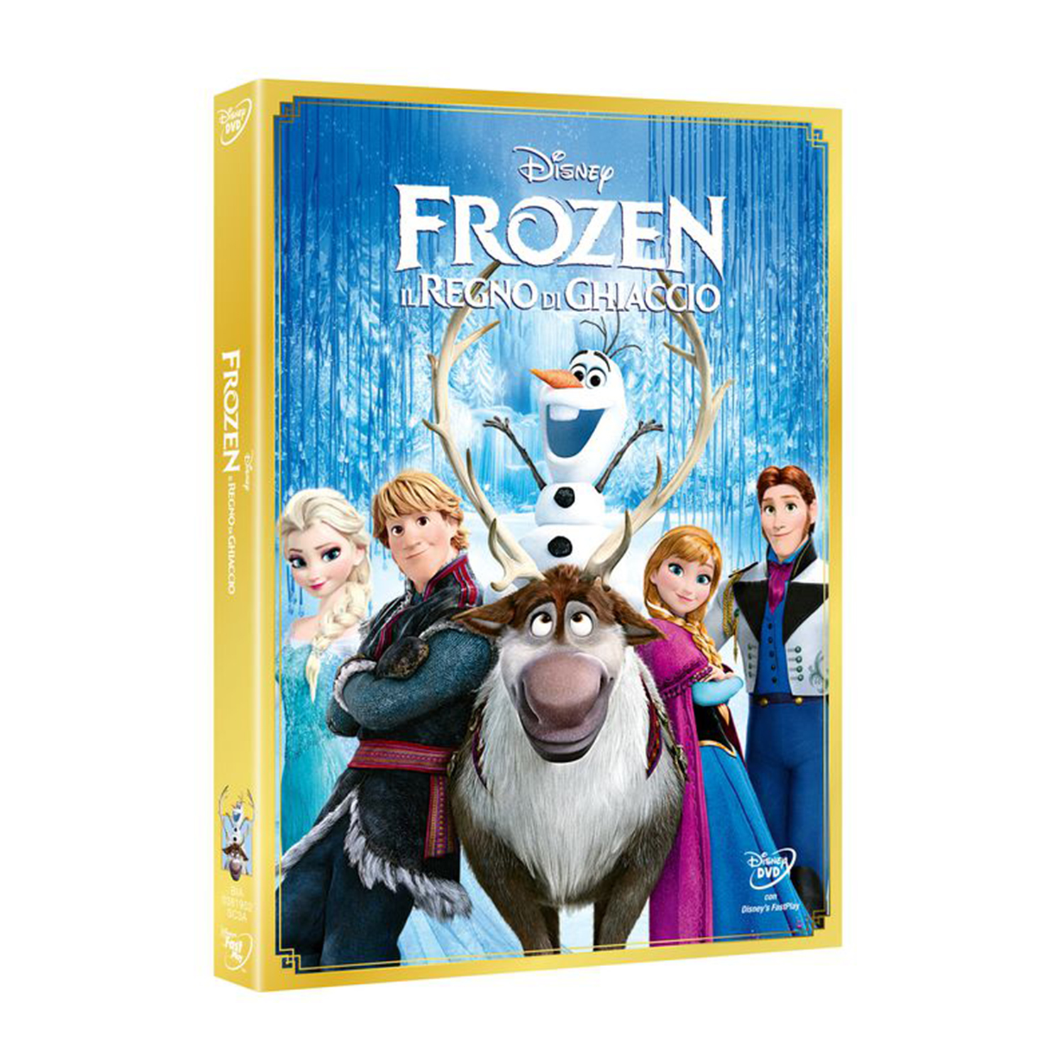 Il cofanetto DVD di Frozen con personaggi, tra cui Elsa, Anna, Olaf e Kristoff.