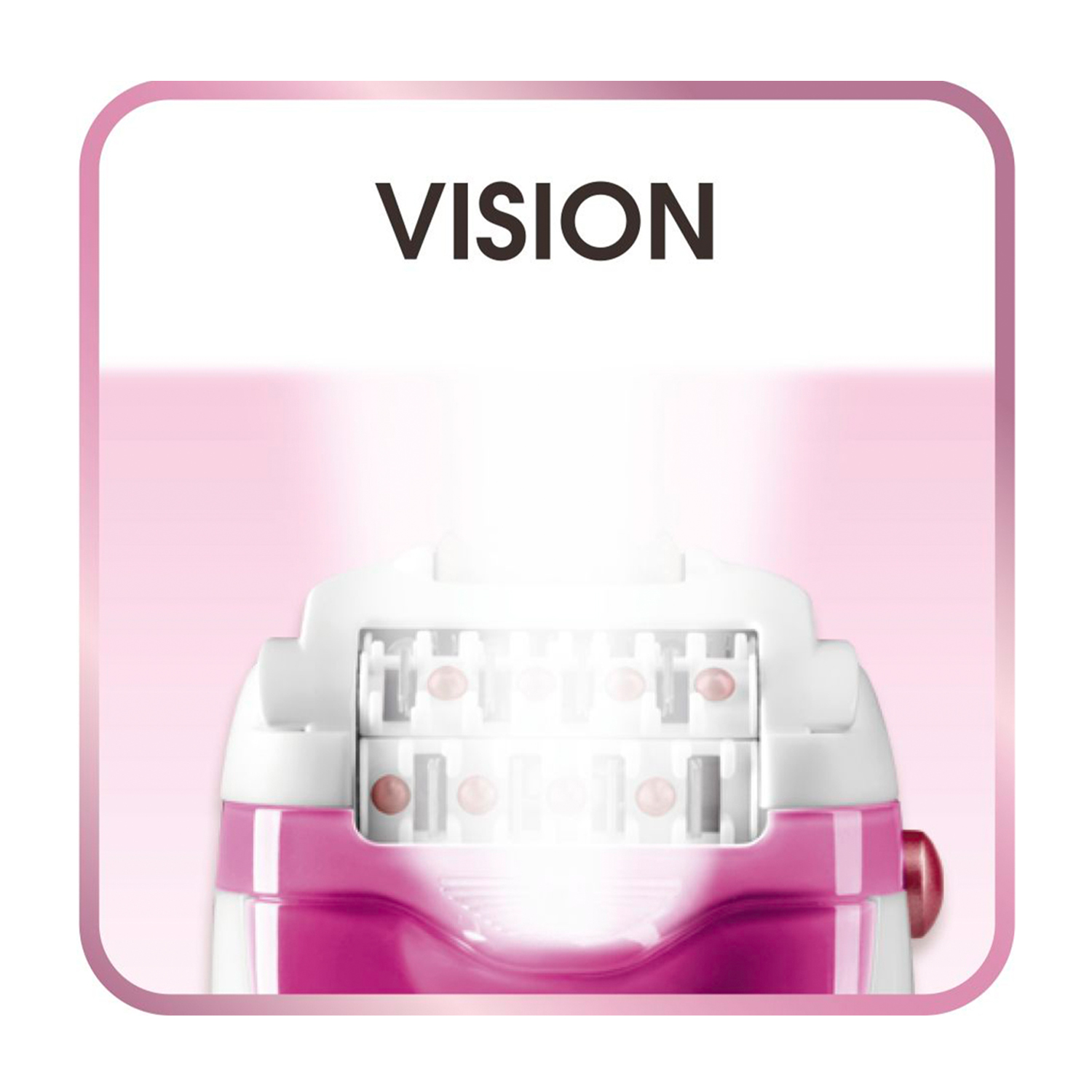 Un epilatore bianco e rosa con la parola VISION. Viene emessa una luce intensa.