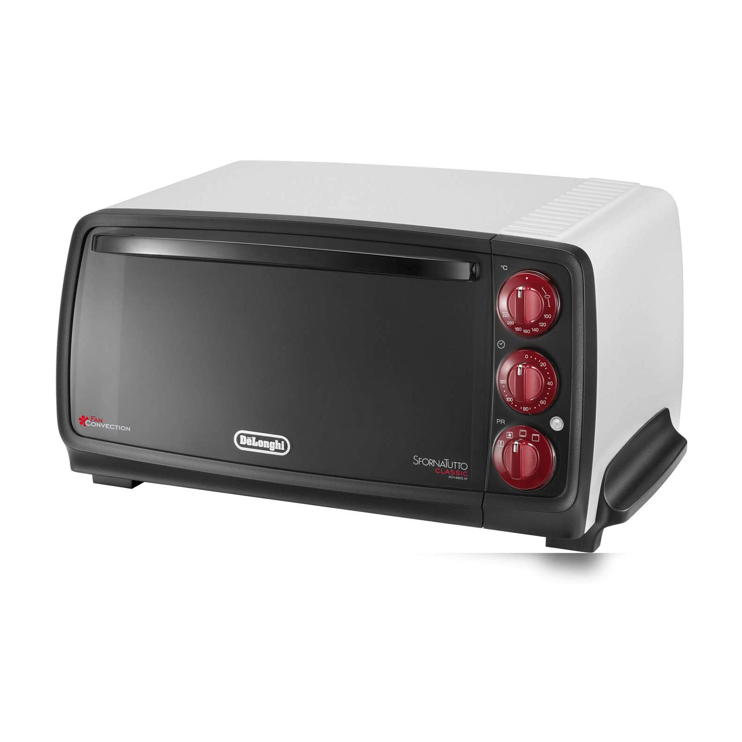 Forno tostapane bianco e nero. Manopole rosse, porta nera, parte superiore bianca, testo convezione.