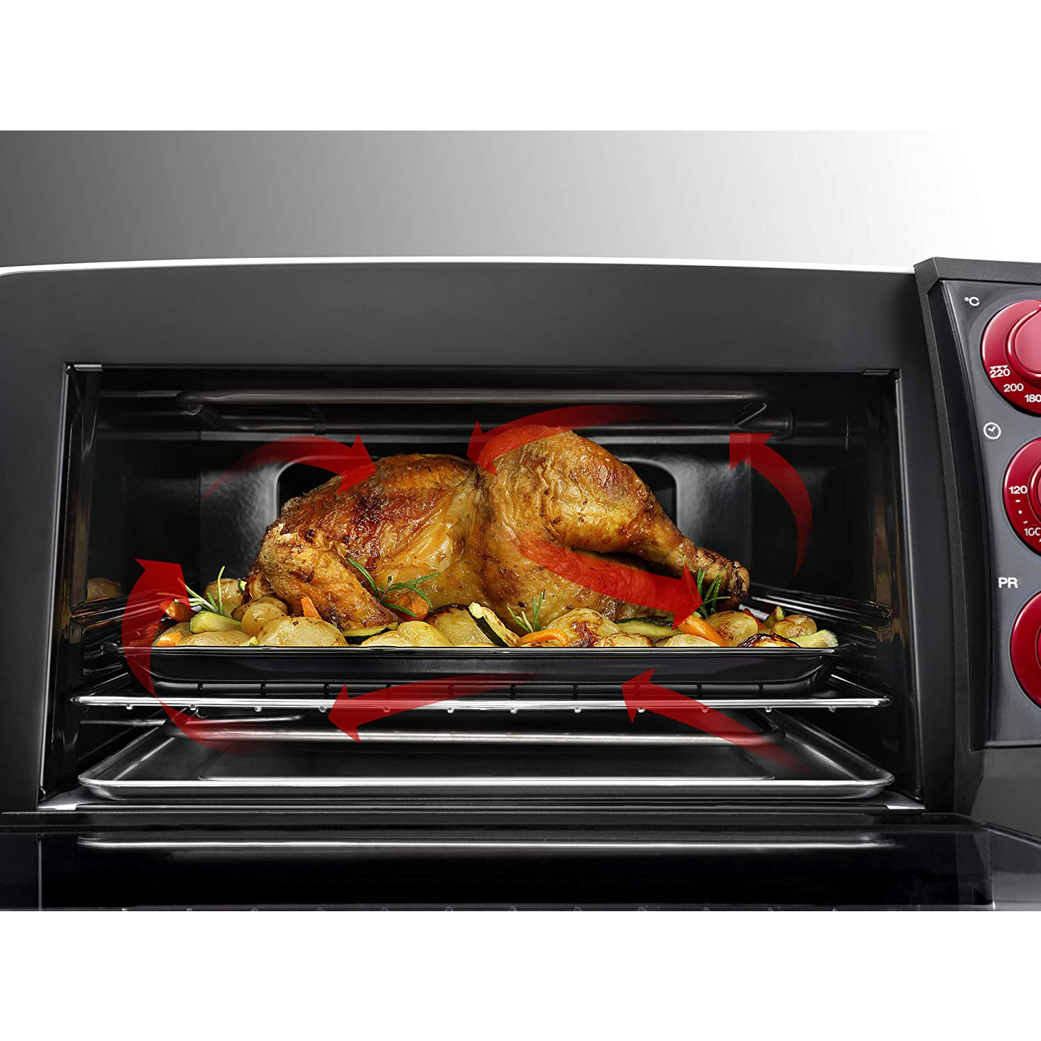 Un pollo arrosto e verdure all'interno di un forno. Le frecce rosse indicano la circolazione dell'aria.