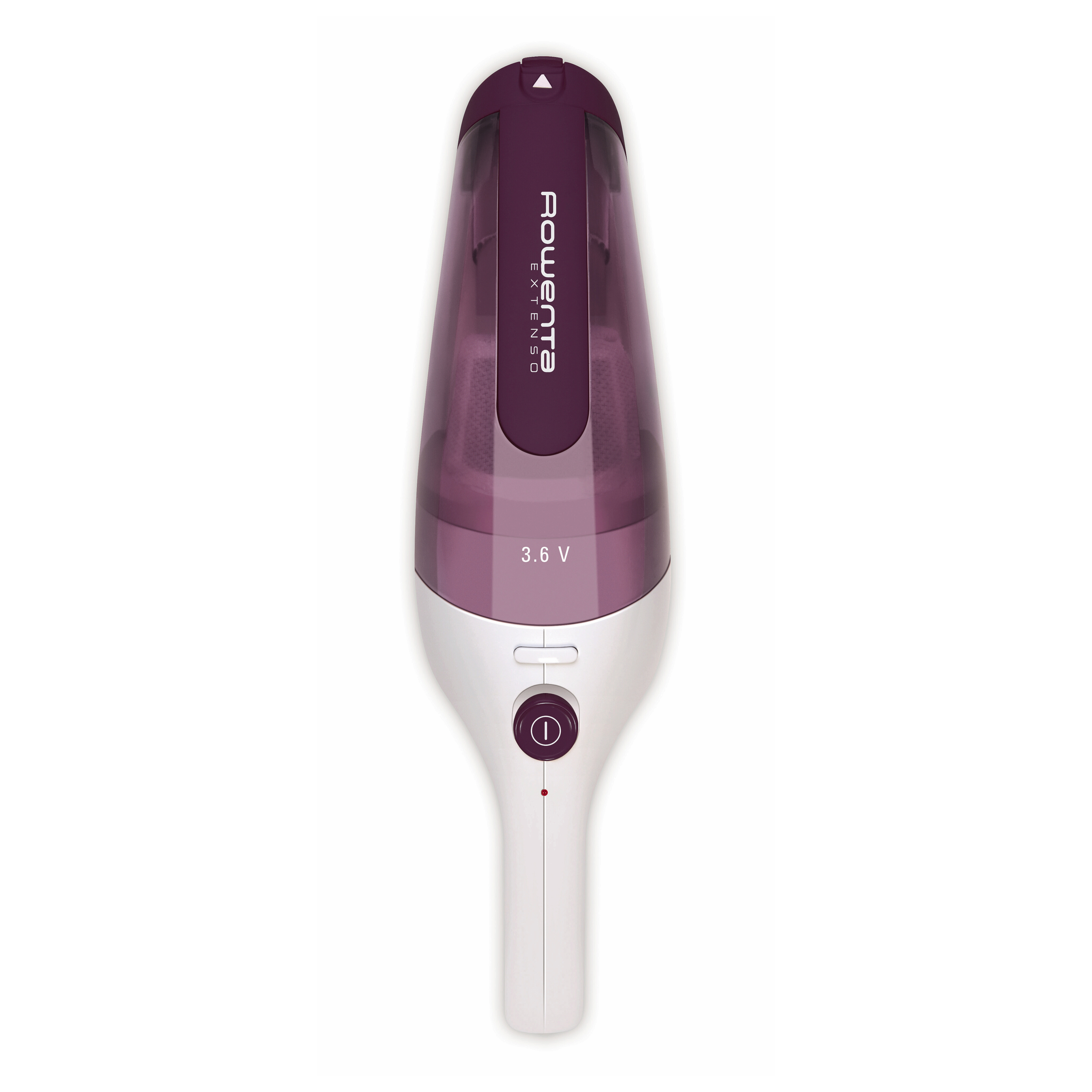 Un aspirapolvere portatile bianco e viola. Ha un pulsante di accensione e il marchio 'Rowenta'.