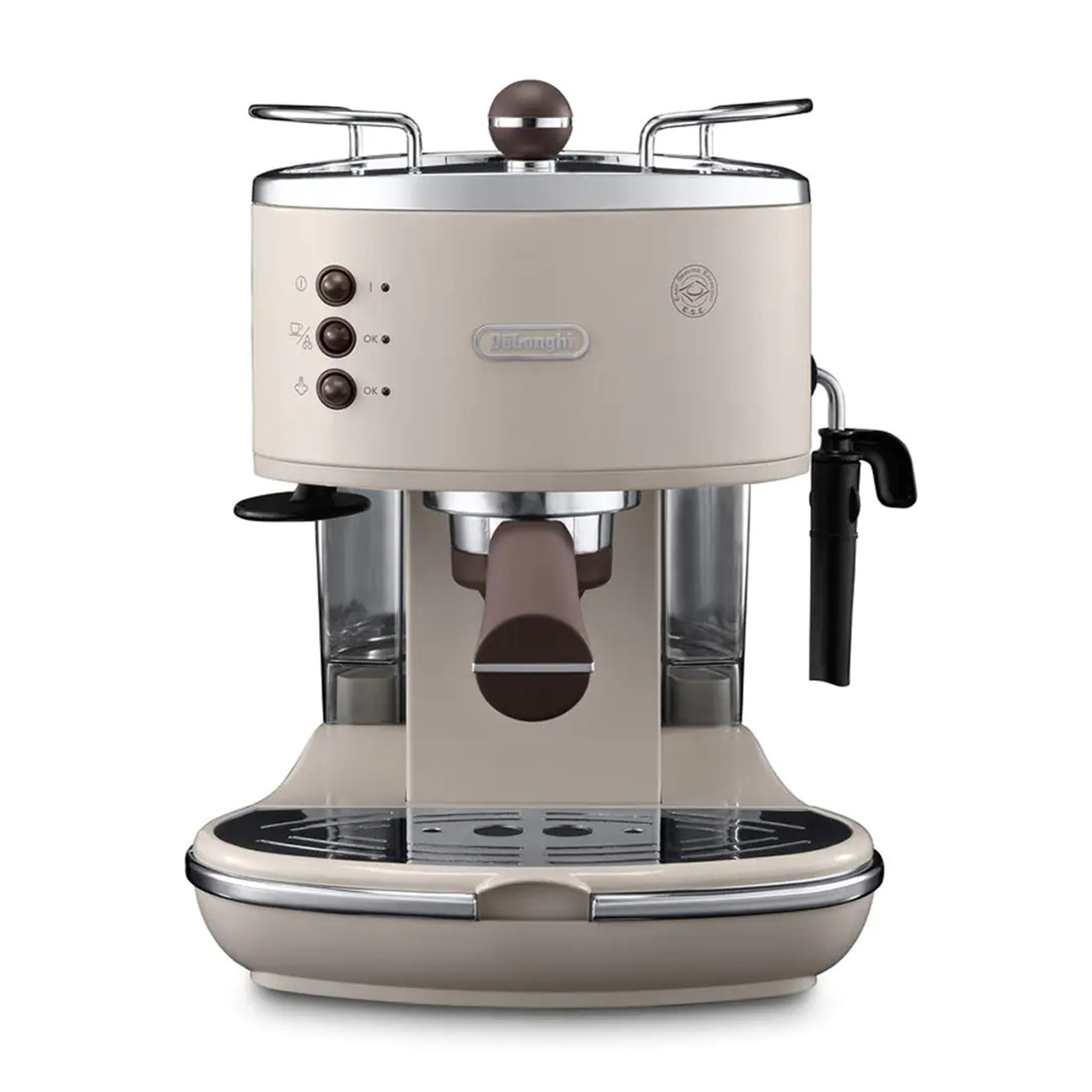 Macchina per espresso beige con dettagli marroni. Pulsanti e lancia vapore visibili. Sfondo bianco.