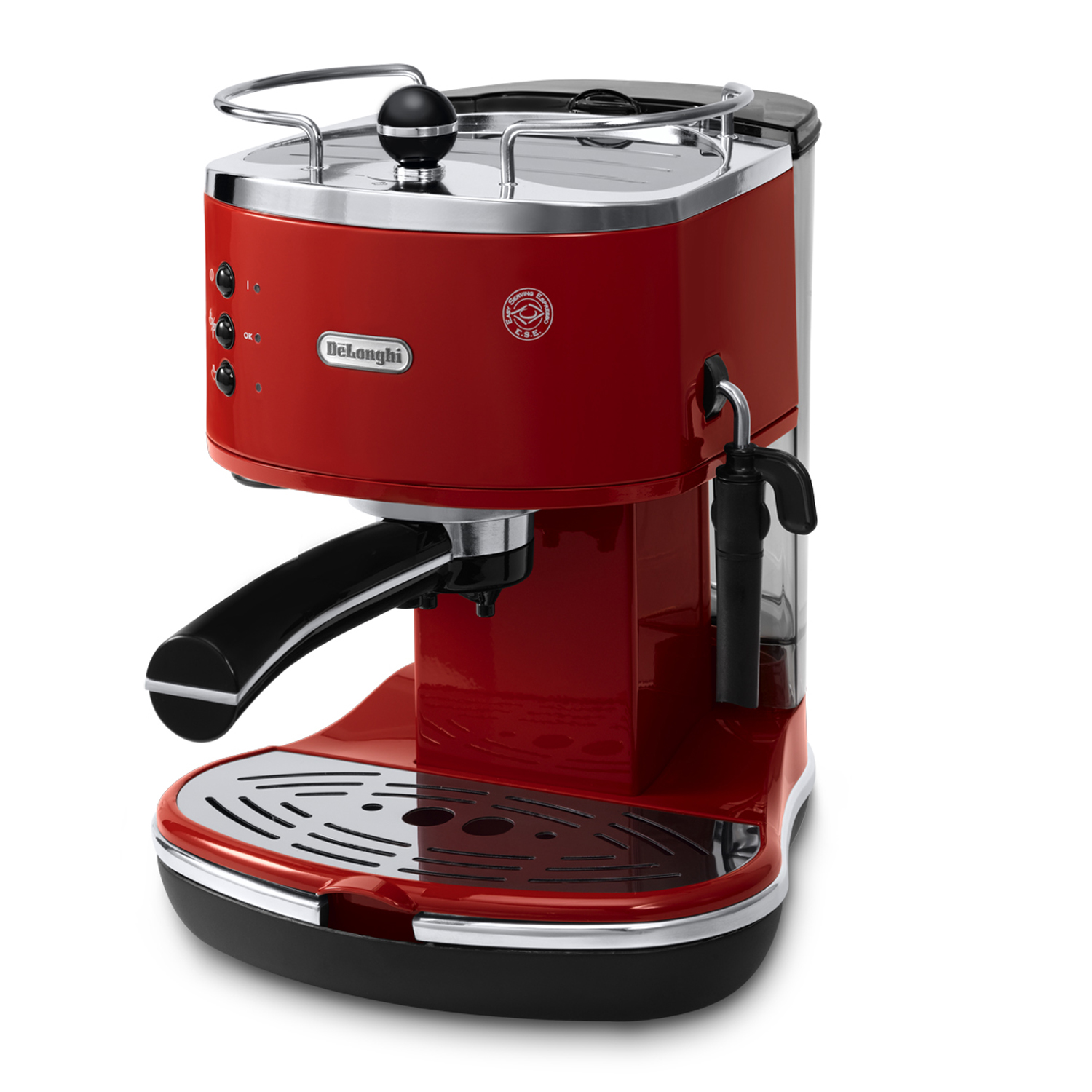 Macchina per espresso rossa. Accenti cromati, manico nero e una lancia vapore.