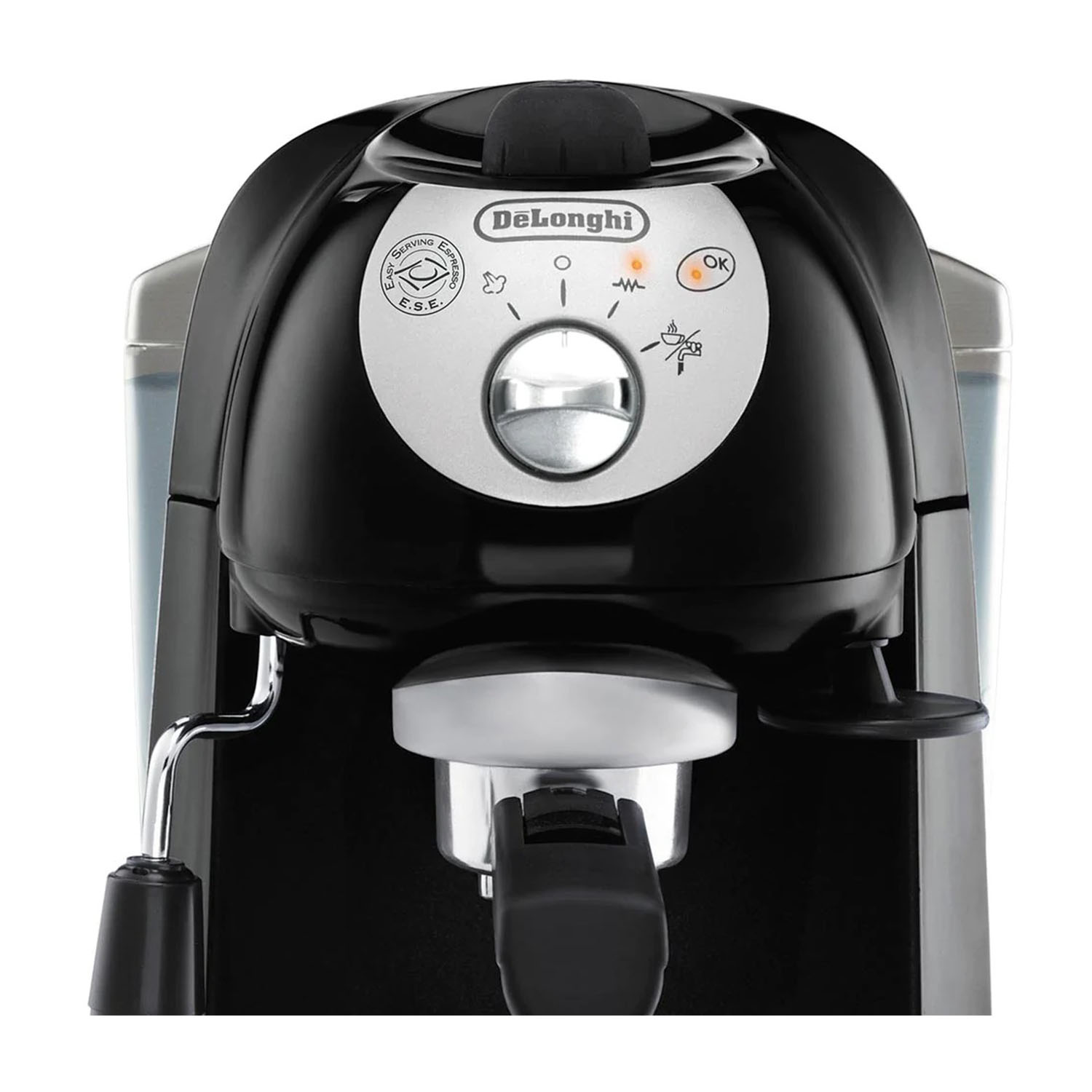 Macchina per caffè espresso DeLonghi nera e argento con più pulsanti e luci sul davanti.