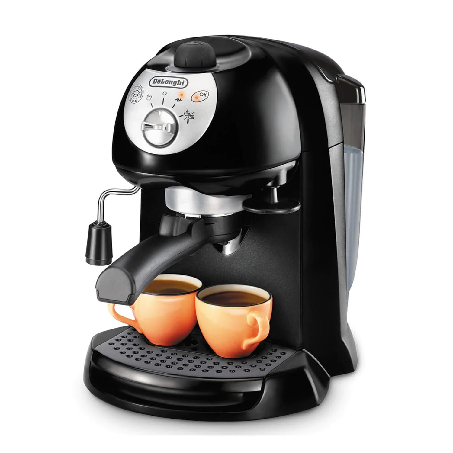 Una macchina per espresso DeLonghi nera con tazze arancioni piene di caffè sotto i beccucci.