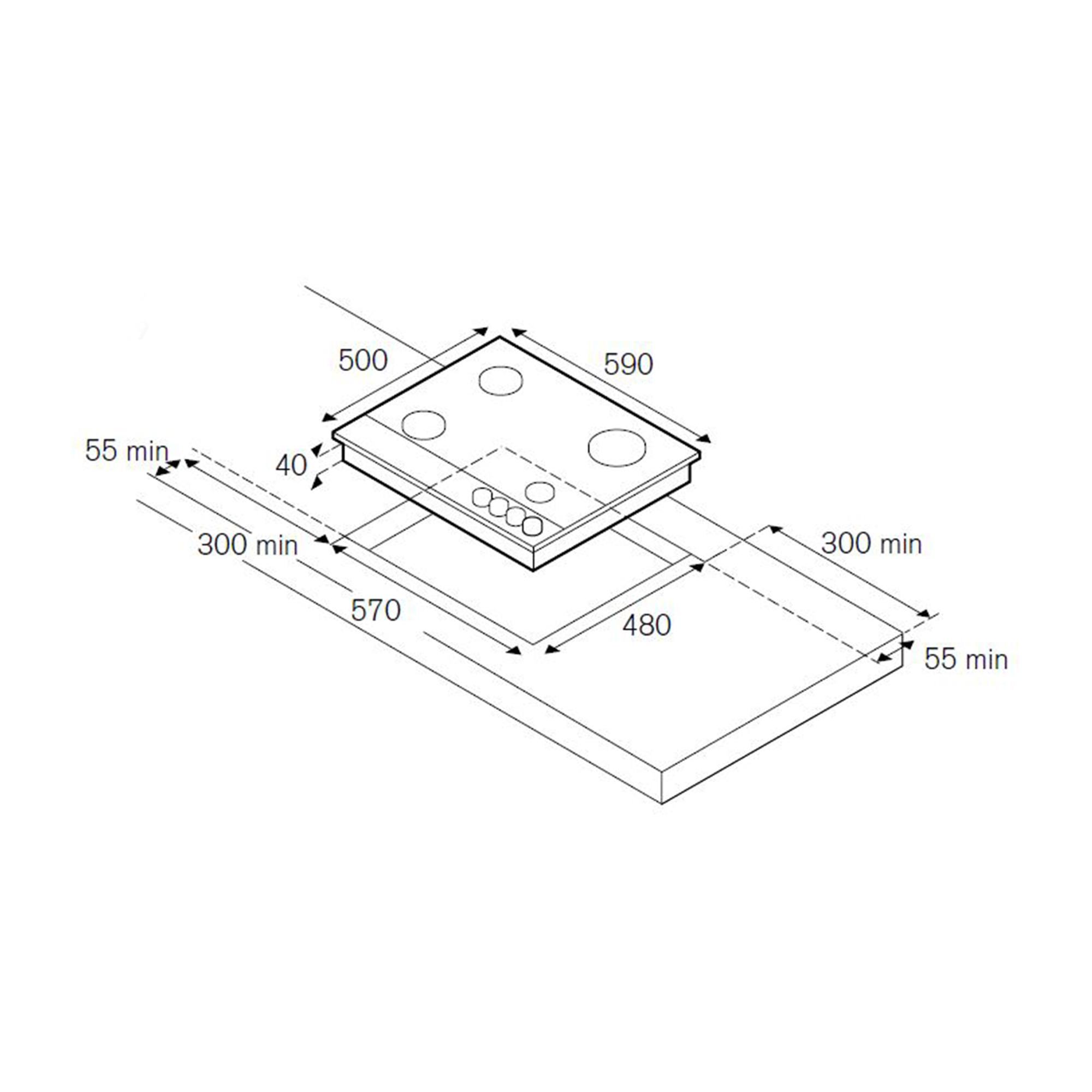Diagramma di un piano cottura nero con dimensioni e misure.