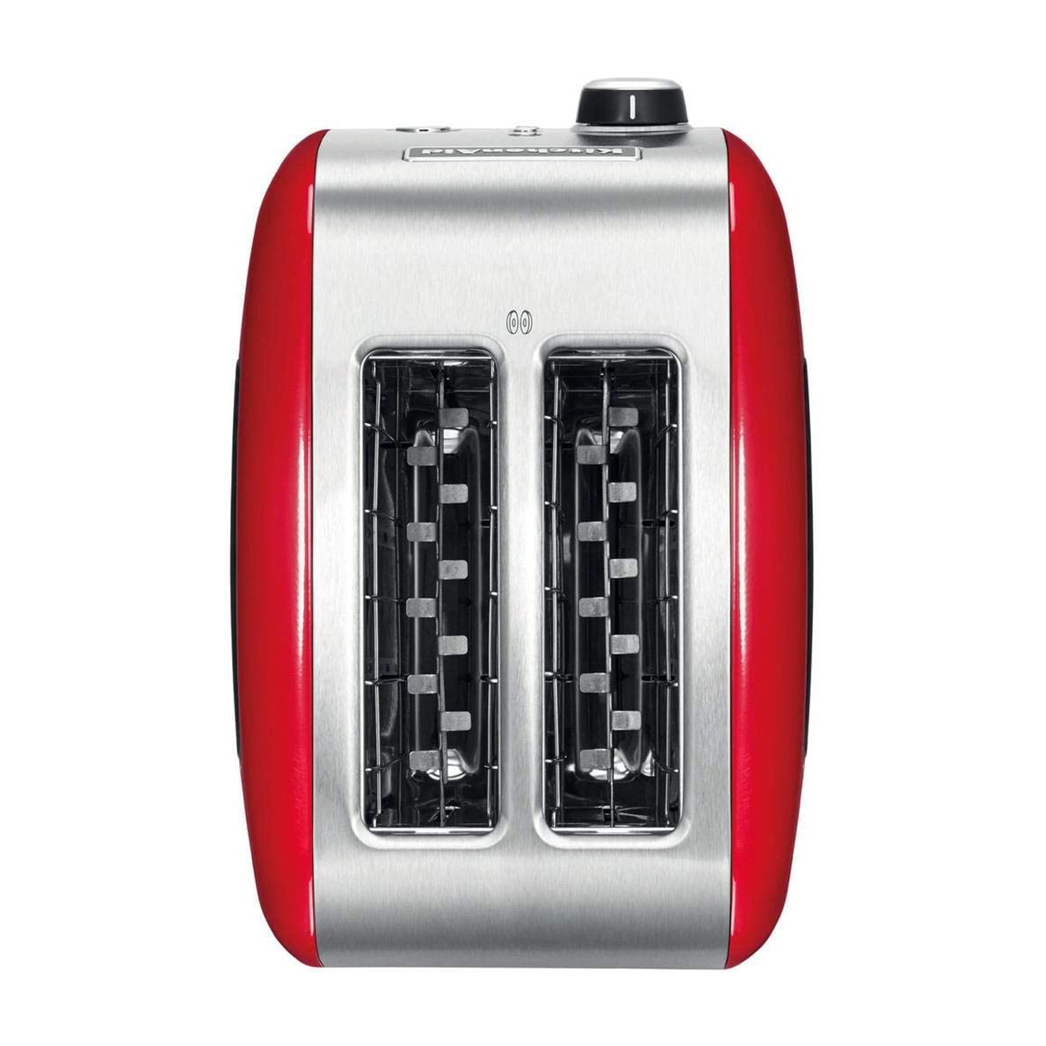 Un tostapane KitchenAid rosso e argento. Ha due fessure e una manopola nera in alto.