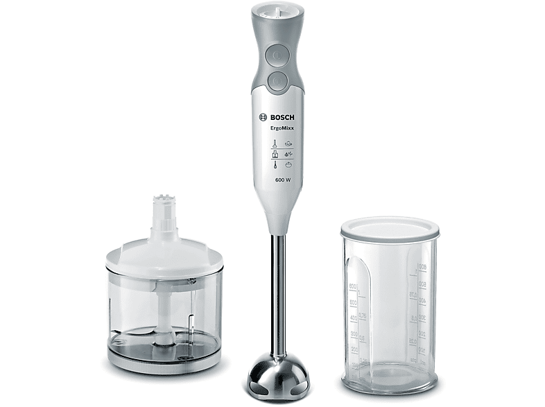 Frullatore ad immersione BOSCH MSM66120, 600W, Impugnatura Ergonomica, Piede in Acciaio Inox, Lama a 4 ali Velocità Variabile, Accessorio Tritatutto Incluso, Bicchiere Graduato, Bianco