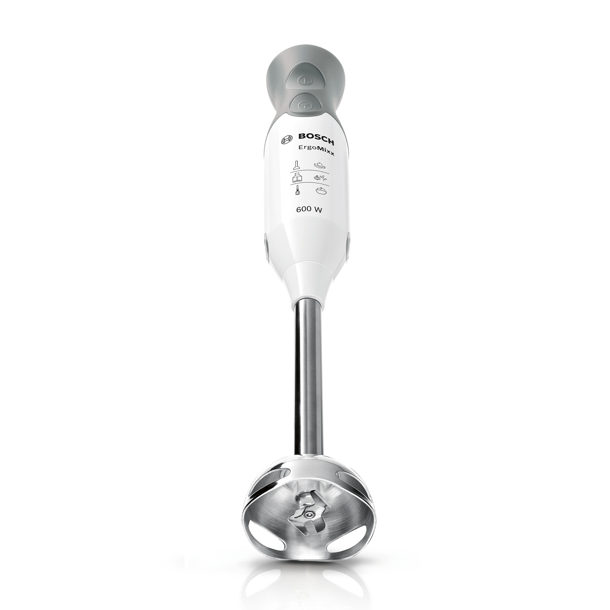 Un frullatore a immersione bianco. Il frullatore ha un accessorio per mescolare argentato. Sfondo bianco.
