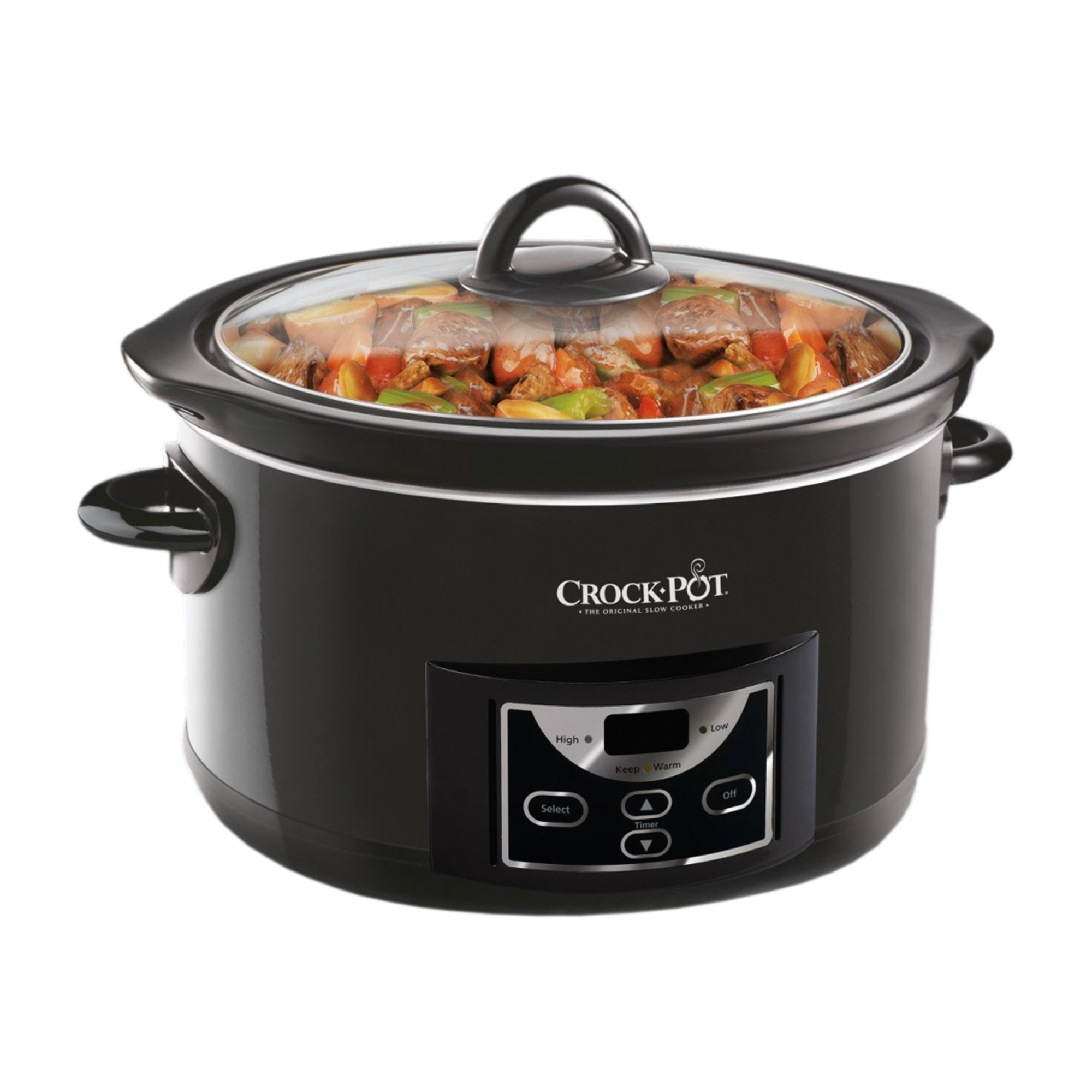 Crock-Pot nero con coperchio in vetro. Stufato all'interno. Base nera, finiture bianche. Sfondo bianco.