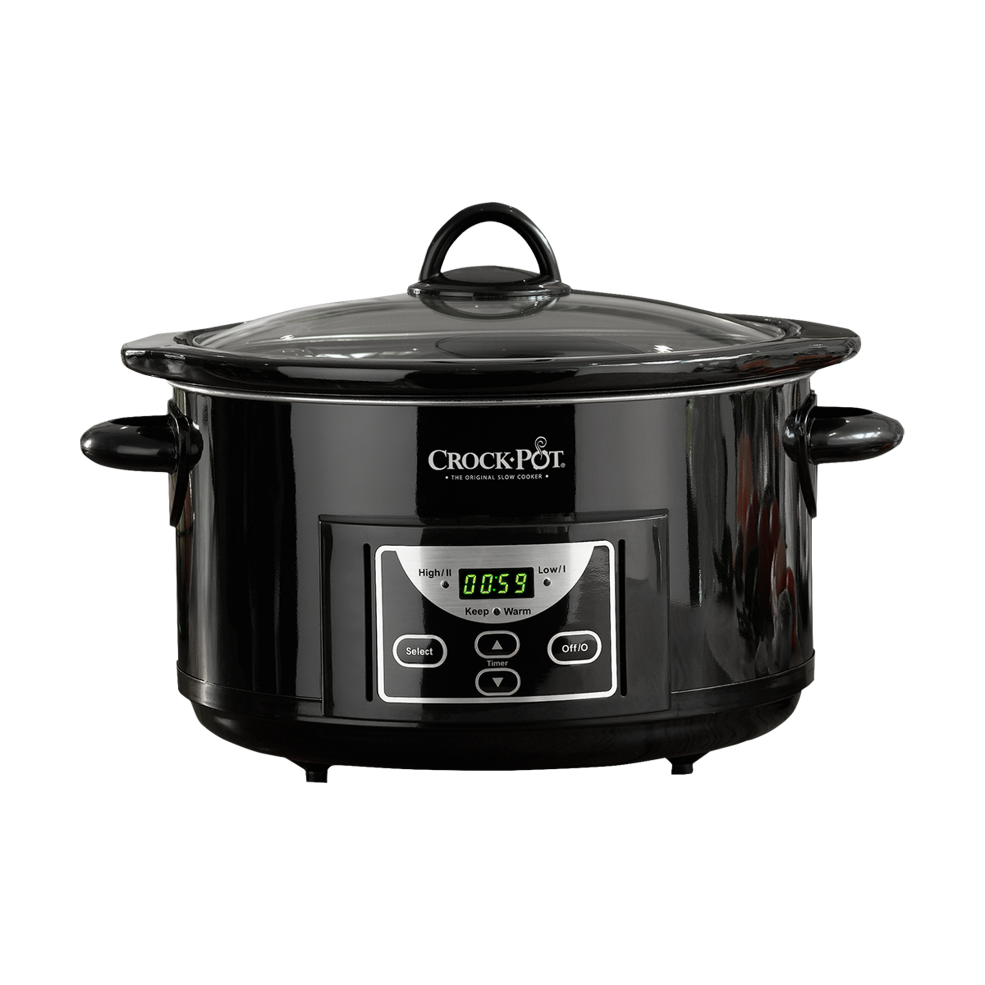Crock-Pot nero con coperchio in vetro. Ha un display digitale e pulsanti di controllo.