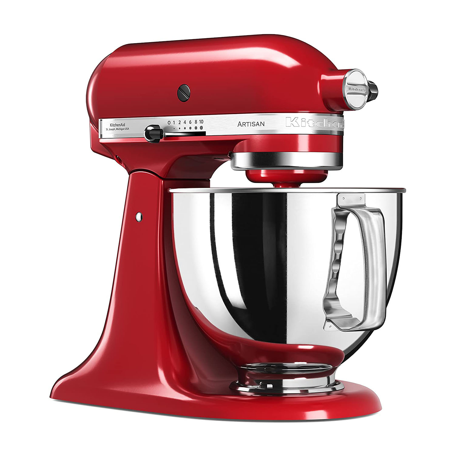 Impastatrice KitchenAid Artisan rossa con una ciotola in acciaio inox. Sfondo bianco.