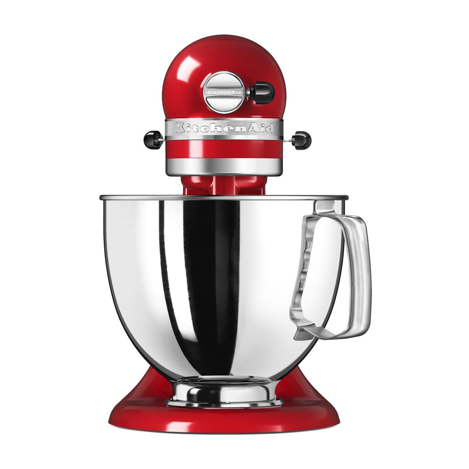 Impastatrice KitchenAid rossa con ciotola argentata e sfondo bianco.