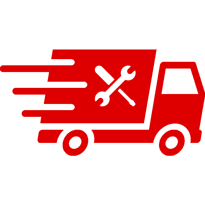 Camion di servizio rosso con attrezzi, sfondo bianco.