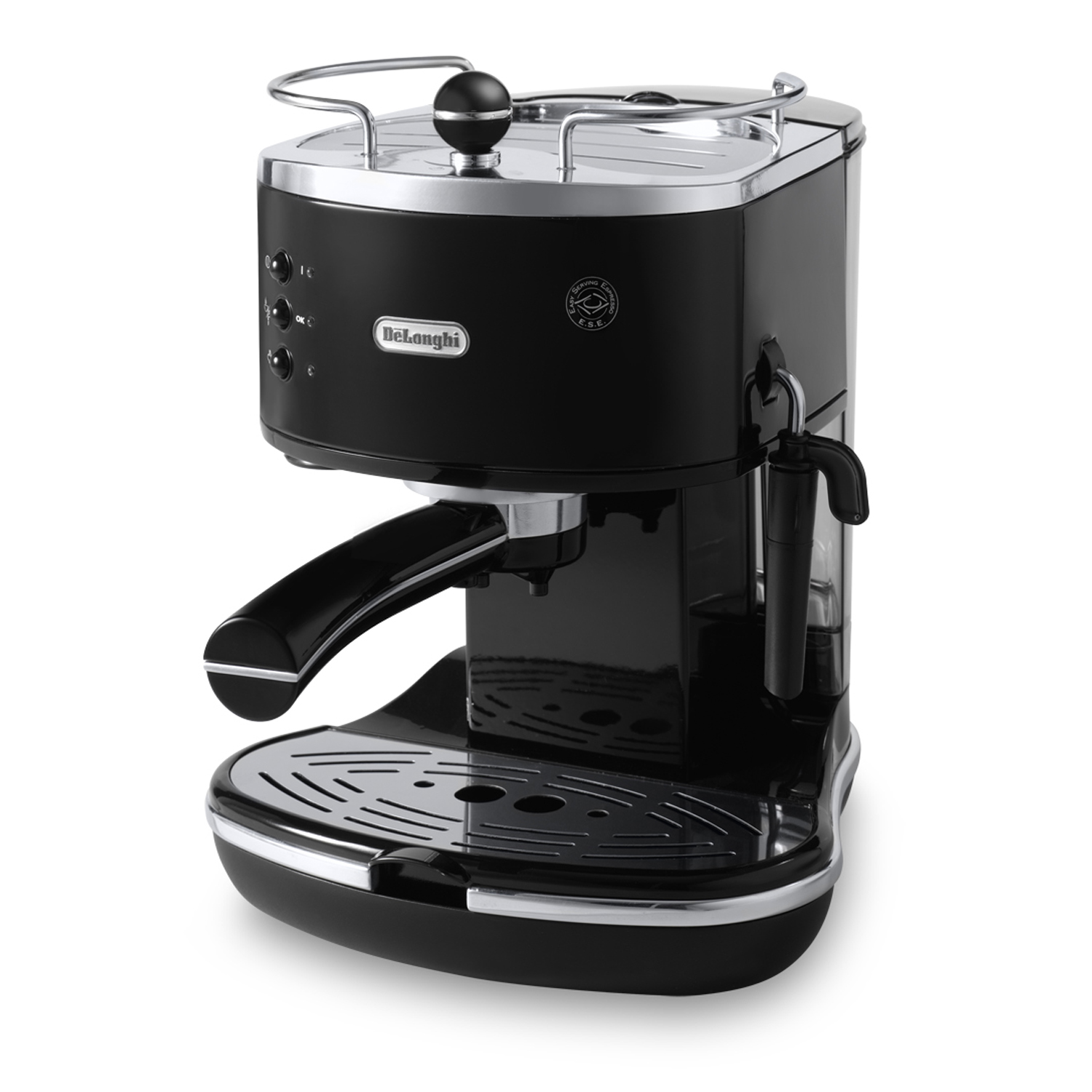 Macchina per espresso DeLonghi nera con coperchio argentato.