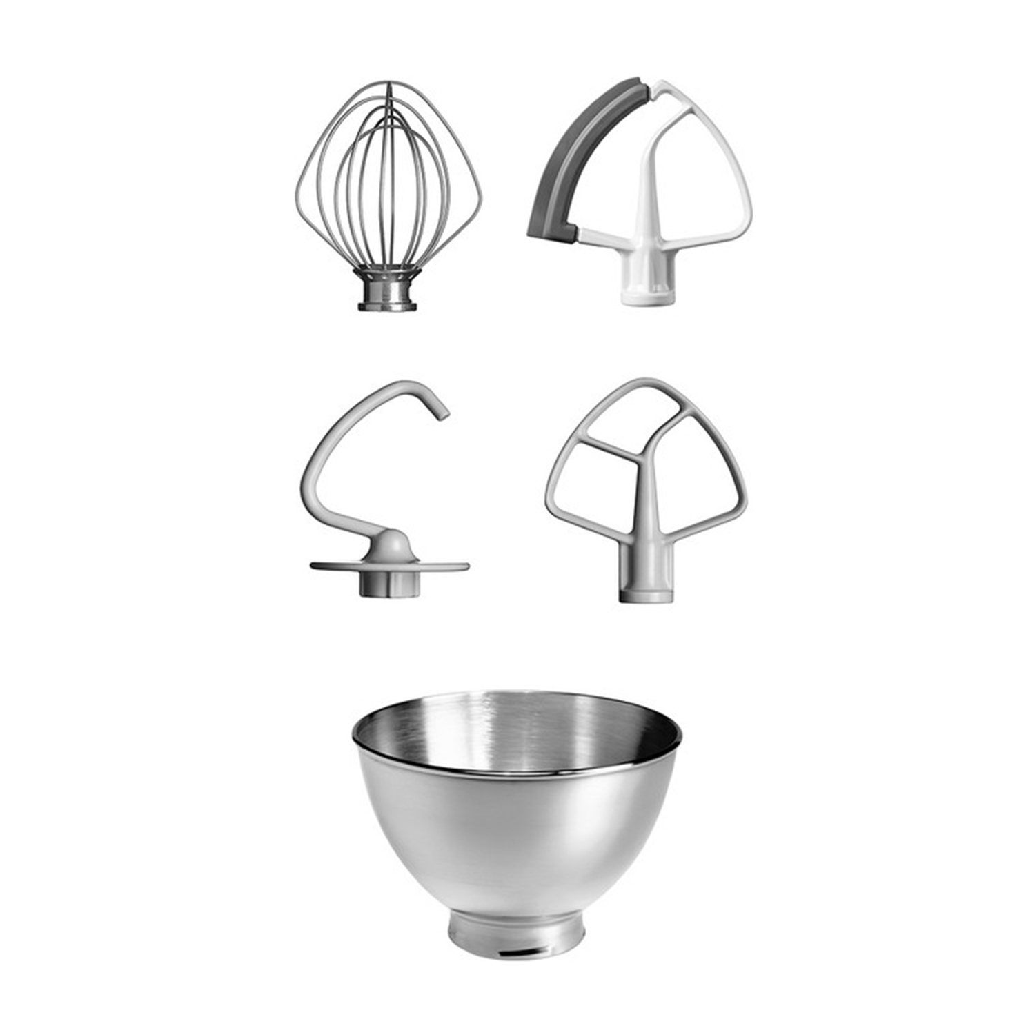 Accessori per mixer KitchenAid: frusta, gancio impastatore, frusta piatta e una ciotola.