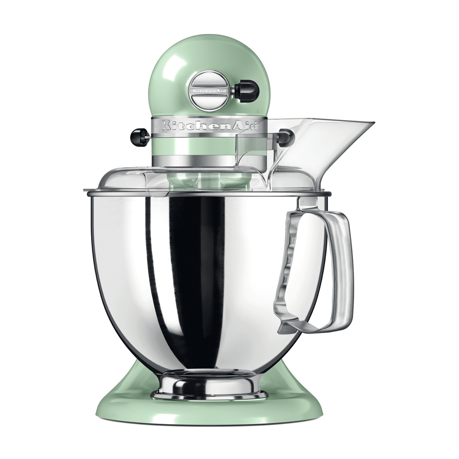 Un mixer a supporto KitchenAid verde menta con un paraspruzzi in plastica trasparente e una ciotola in acciaio inossidabile.