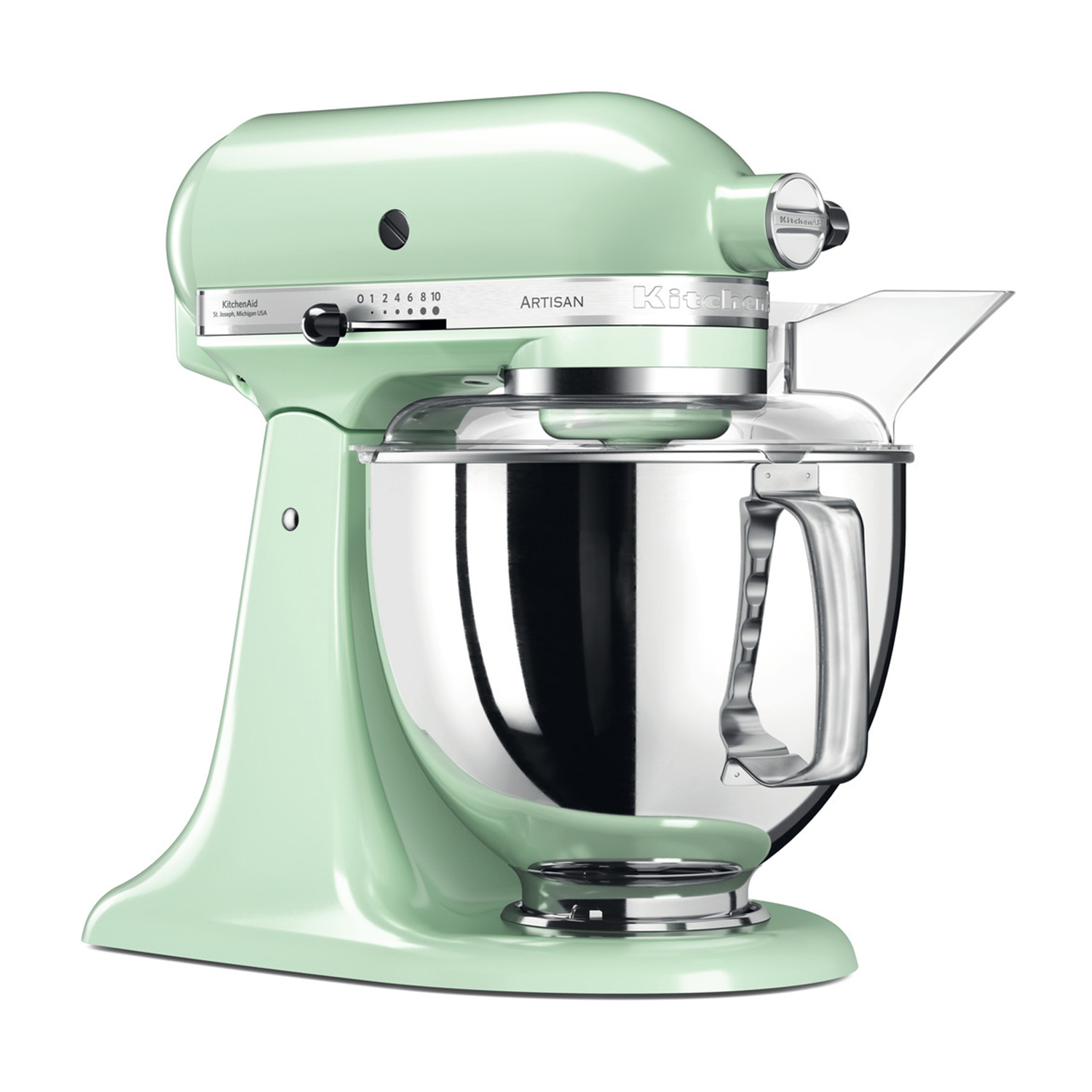 Frullatore a immersione KitchenAid verde menta, ciotola trasparente e accessori su sfondo bianco.