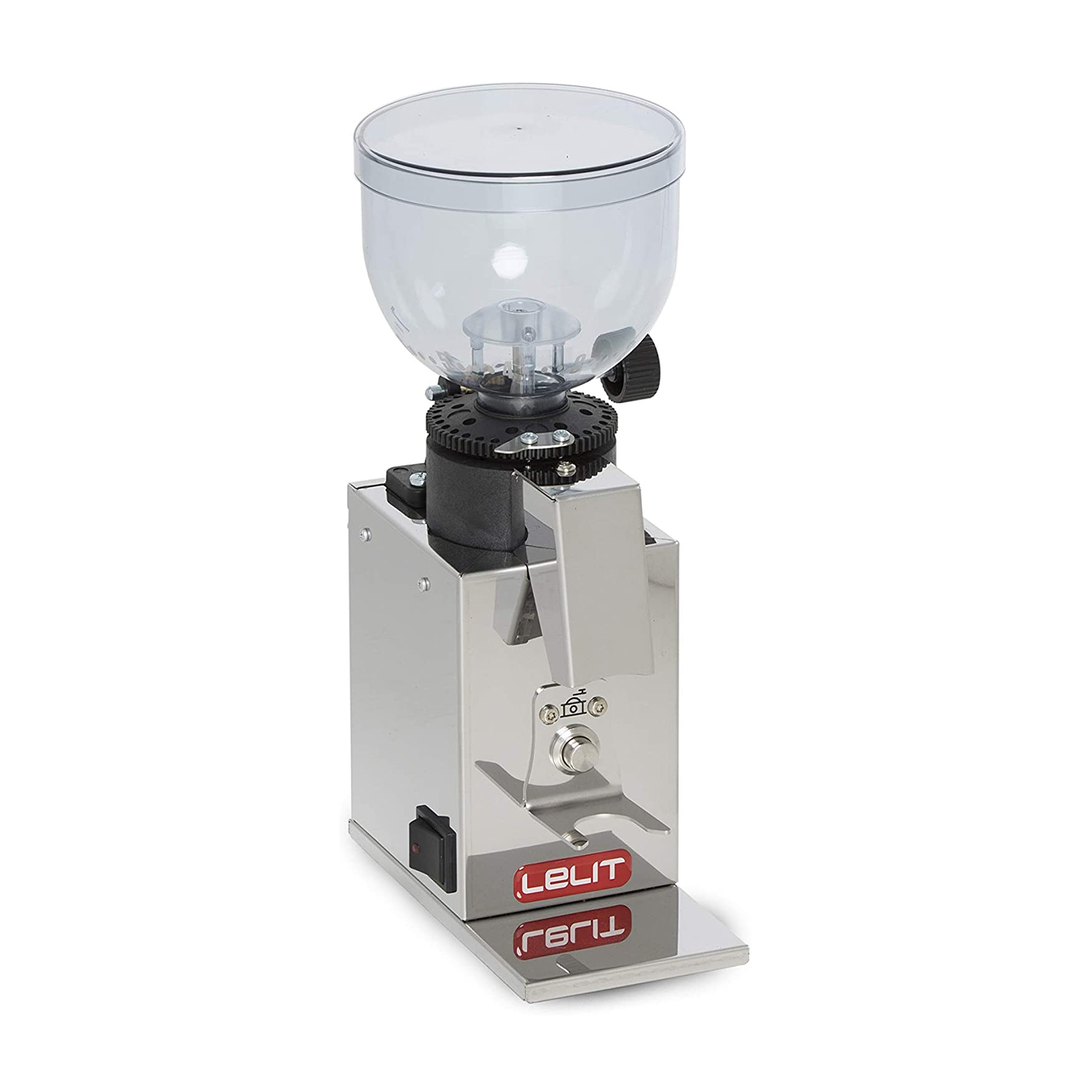 Macinacaffè espresso in acciaio inox con tramoggia trasparente e logo Lelit.
