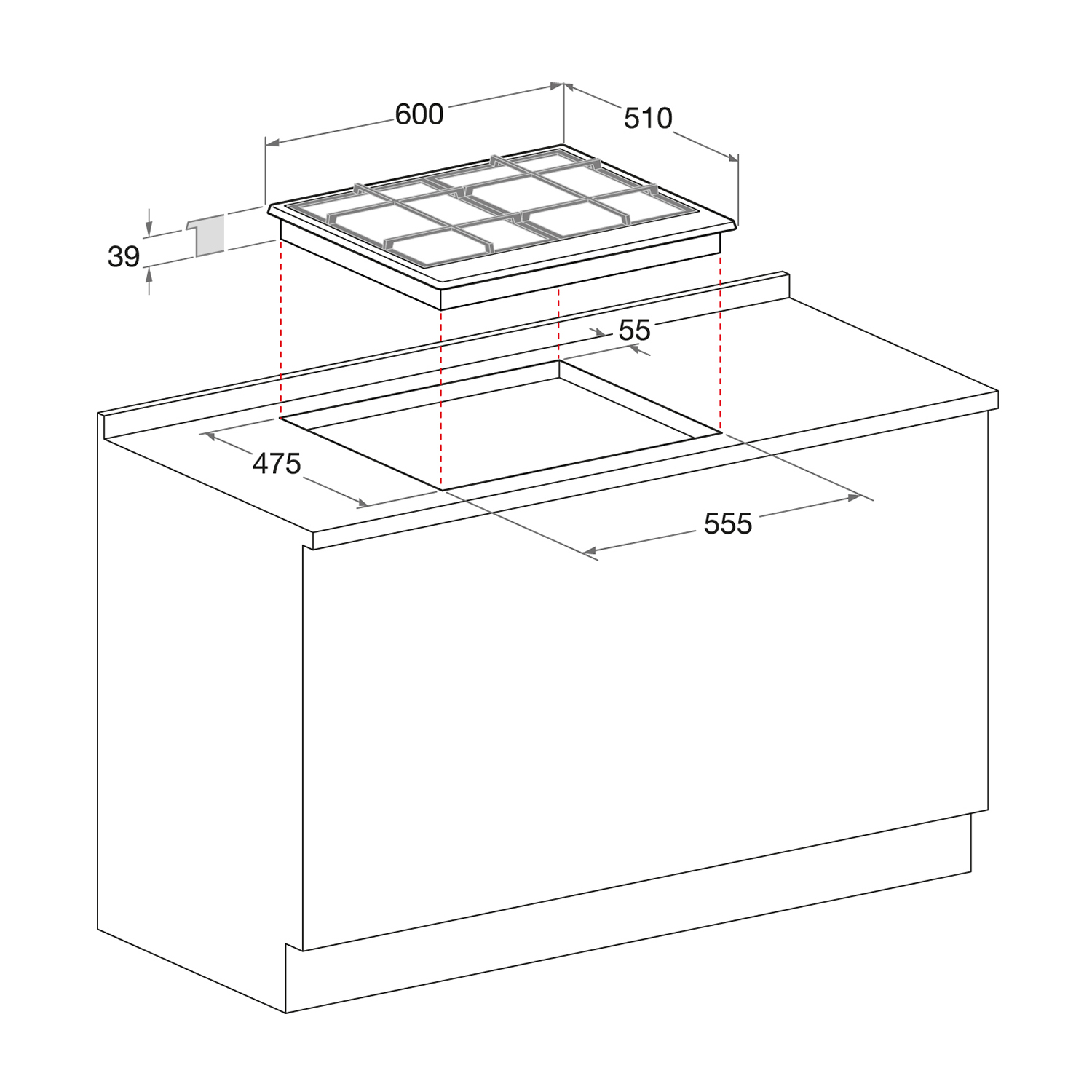 Disegno tecnico di un piano cottura e delle sue dimensioni. È una vista dall'alto, con misure in millimetri.