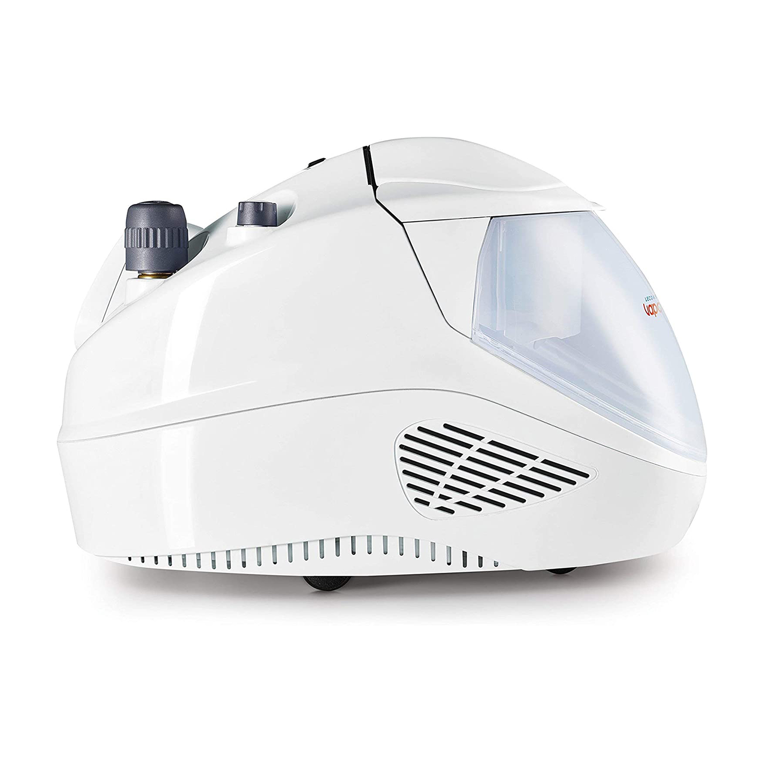 Vaporizzatore bianco con un contenitore d'acqua trasparente e una manopola di controllo.