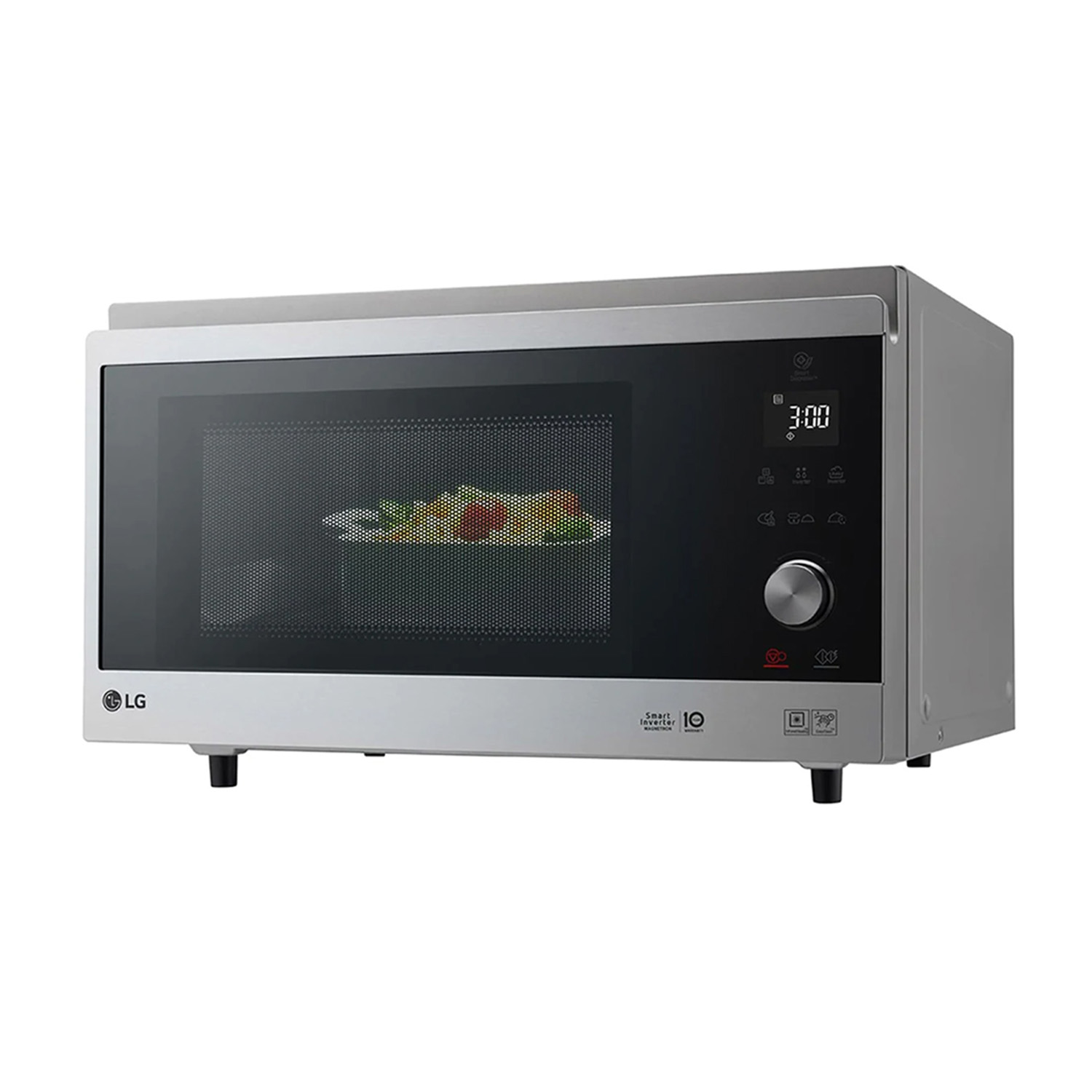 Forno a microonde argentato con piatto dentro. Pannello comandi nero e display digitale.