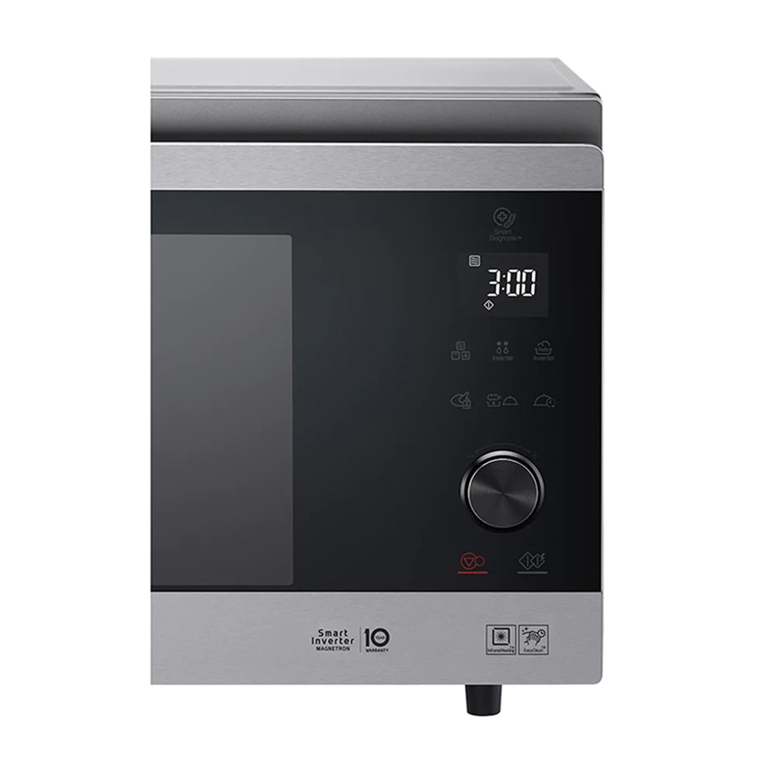 Forno a microonde argento e nero con display digitale che mostra le 3:00 e pulsanti di controllo.