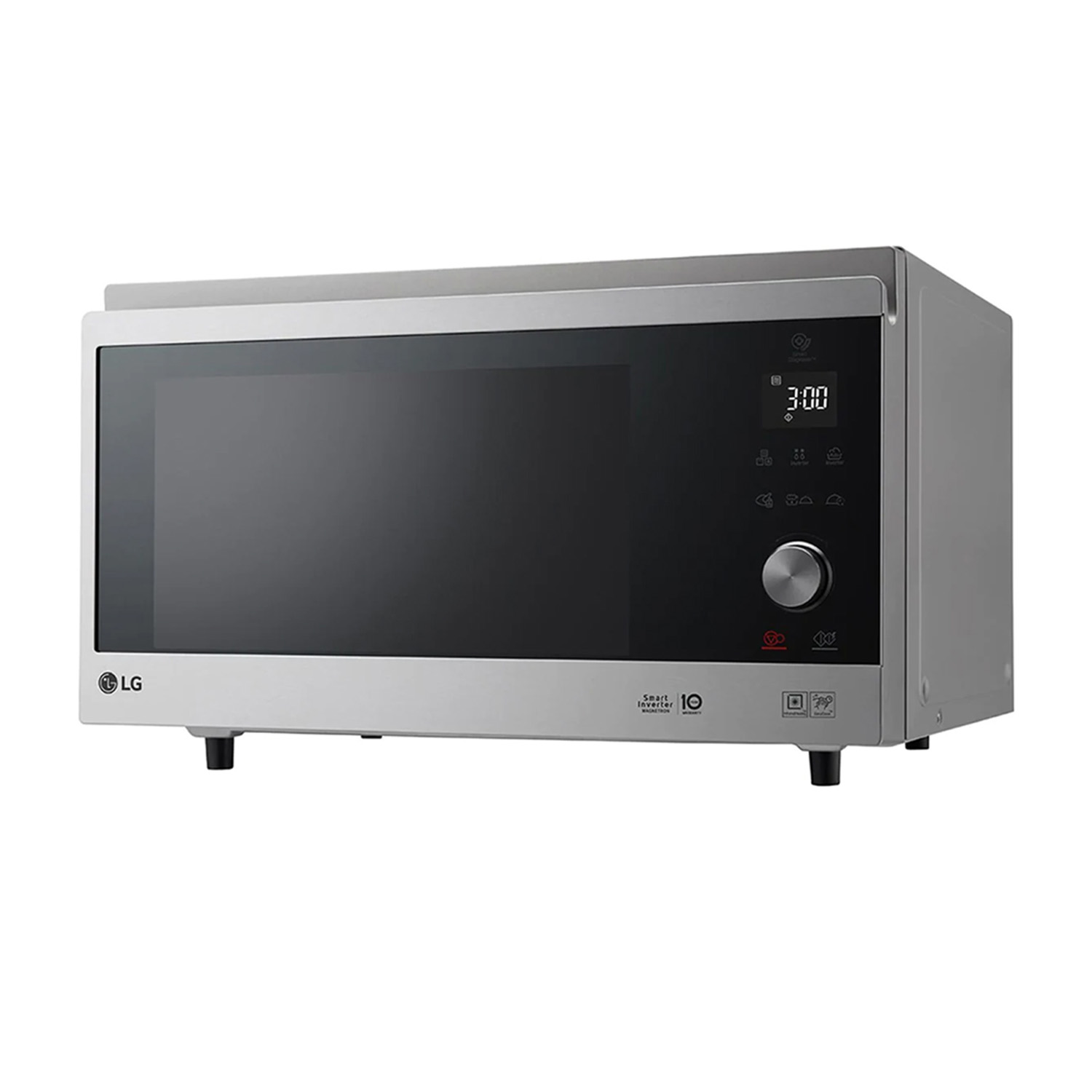 Forno a microonde LG argento con display digitale e pannello di controllo. Sfondo bianco.