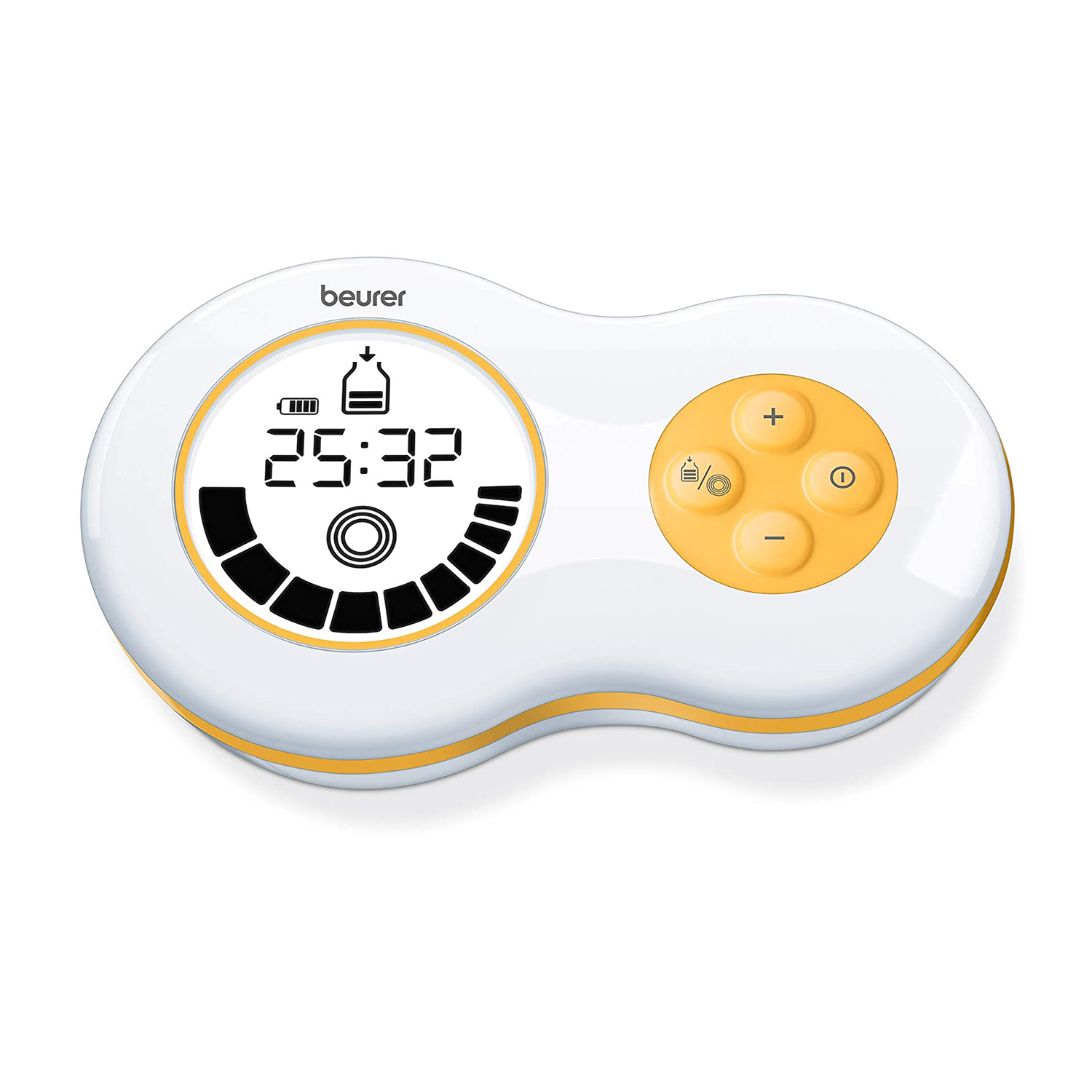 Un dispositivo bianco e giallo che mostra numeri. Ha pulsanti e uno schermo digitale. Sfondo bianco.