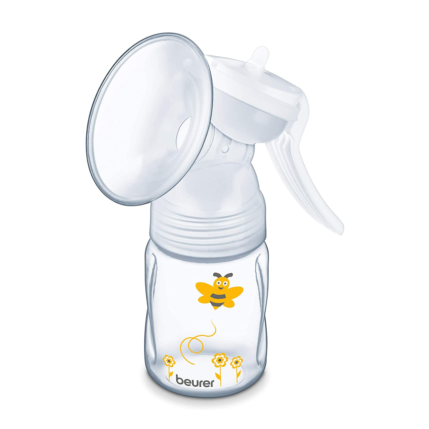 Un tiralatte bianco con un biberon con un'illustrazione di ape gialla e fiori.