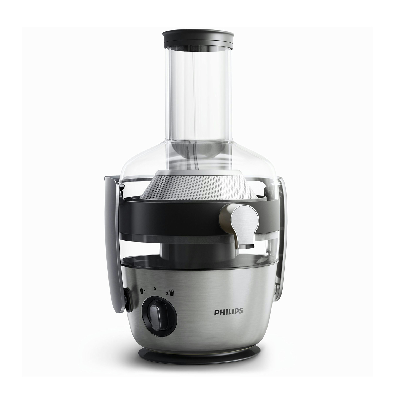 Spremiagrumi Philips argento e nero. Ha un contenitore trasparente in cima.