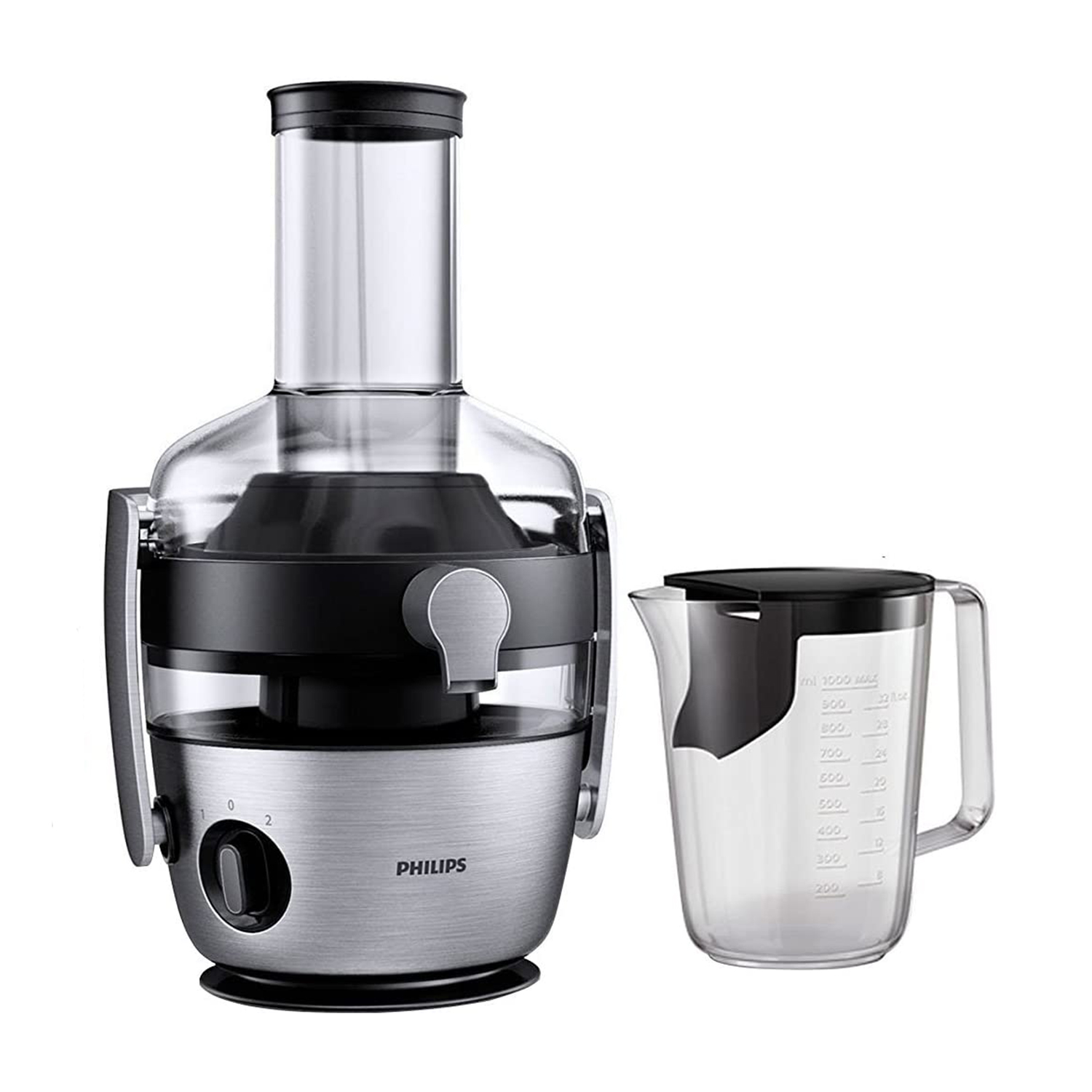 Un estrattore di succo Philips argento e nero con una brocca trasparente.