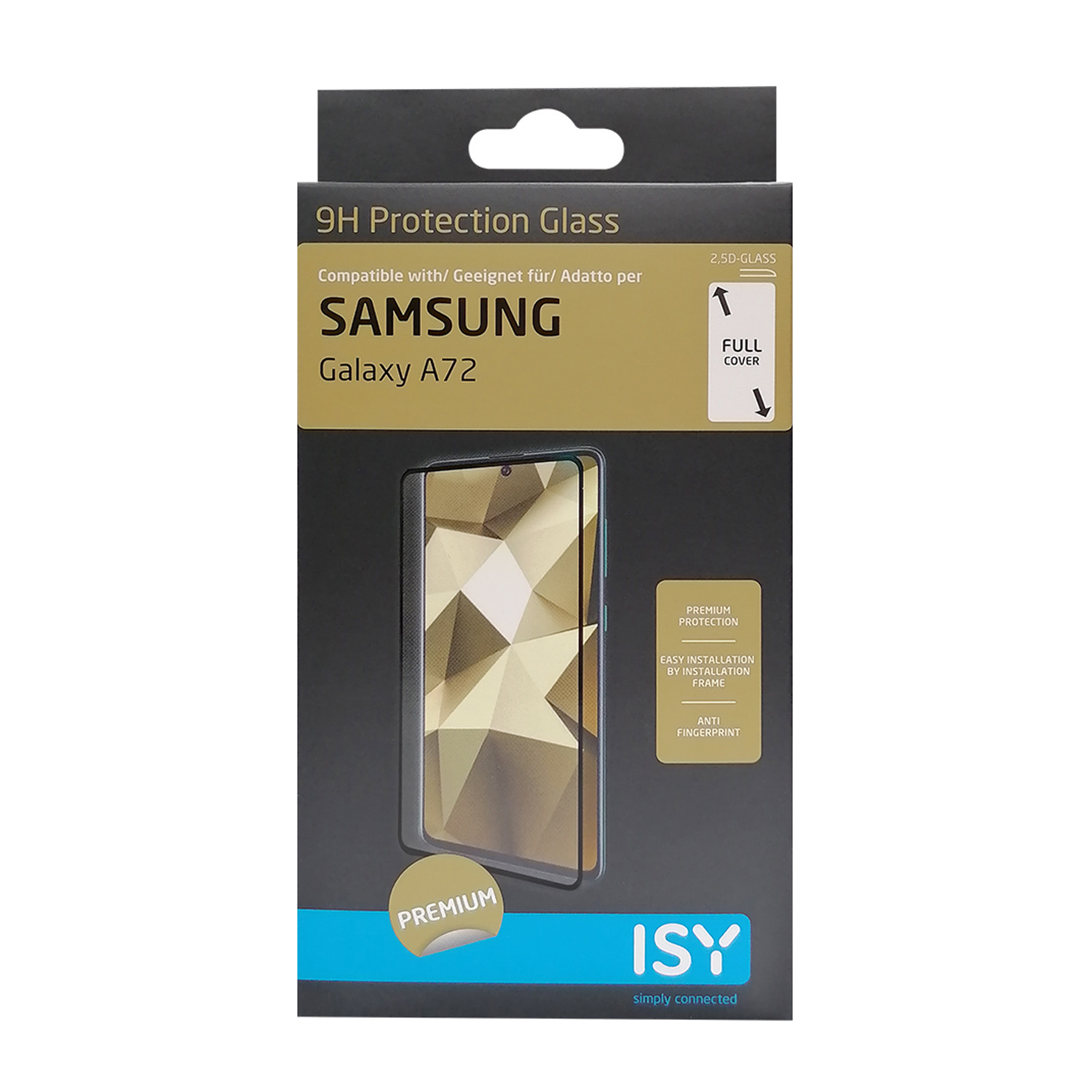 Una confezione di protezione per schermo del telefono per Samsung Galaxy A72. Scatola nera, testo bianco.