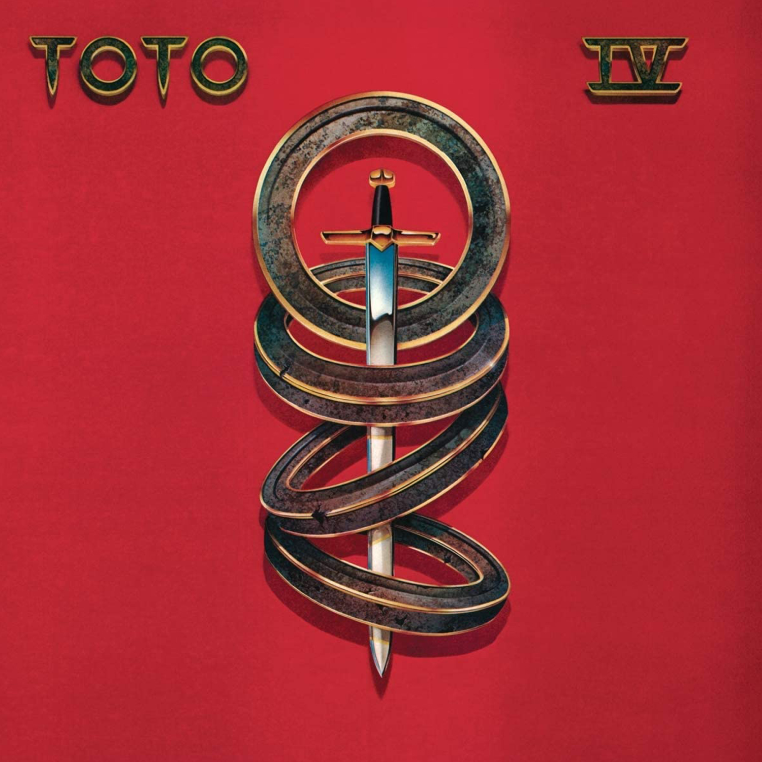Una spada con spirale dorata su sfondo rosso, con il logo TOTO IV.