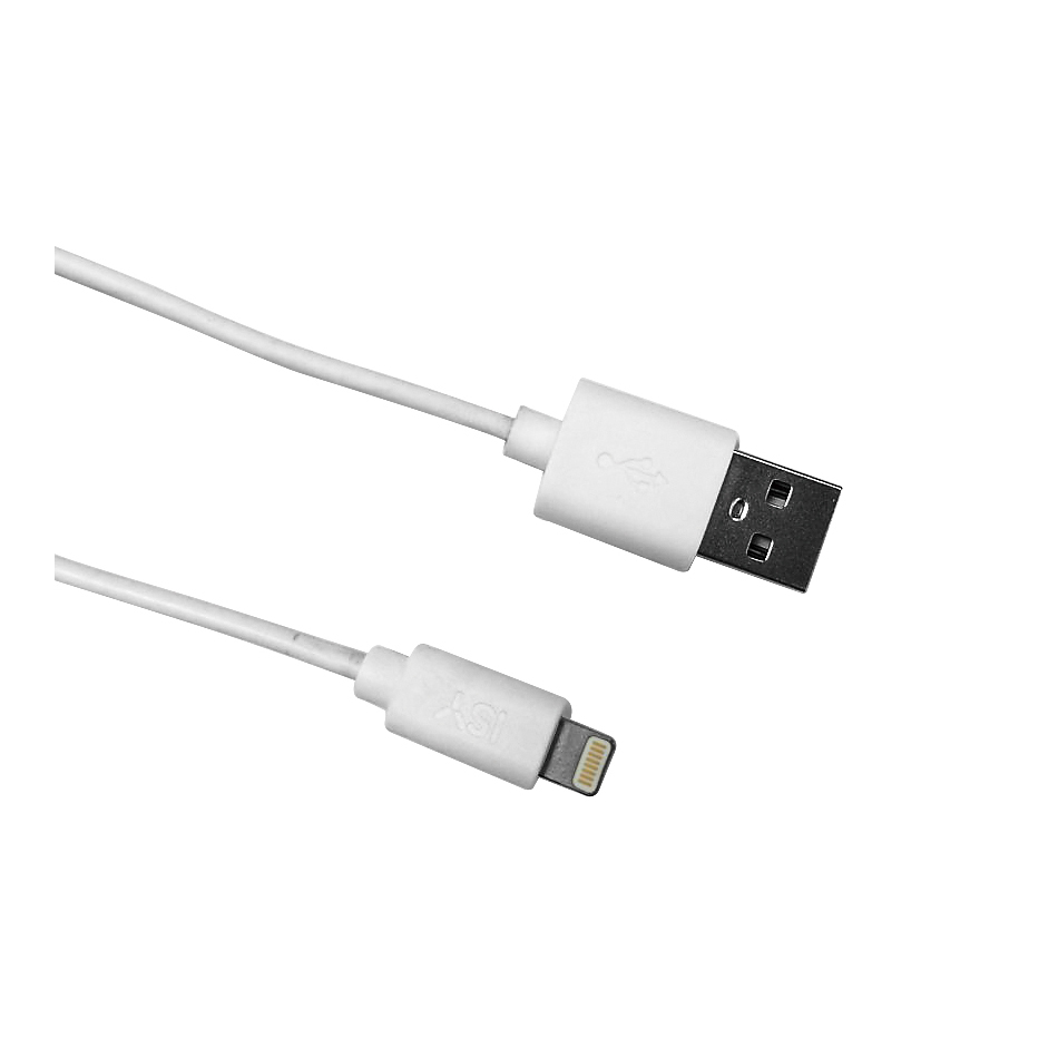 Un cavo da USB a Lightning bianco giace su sfondo bianco.