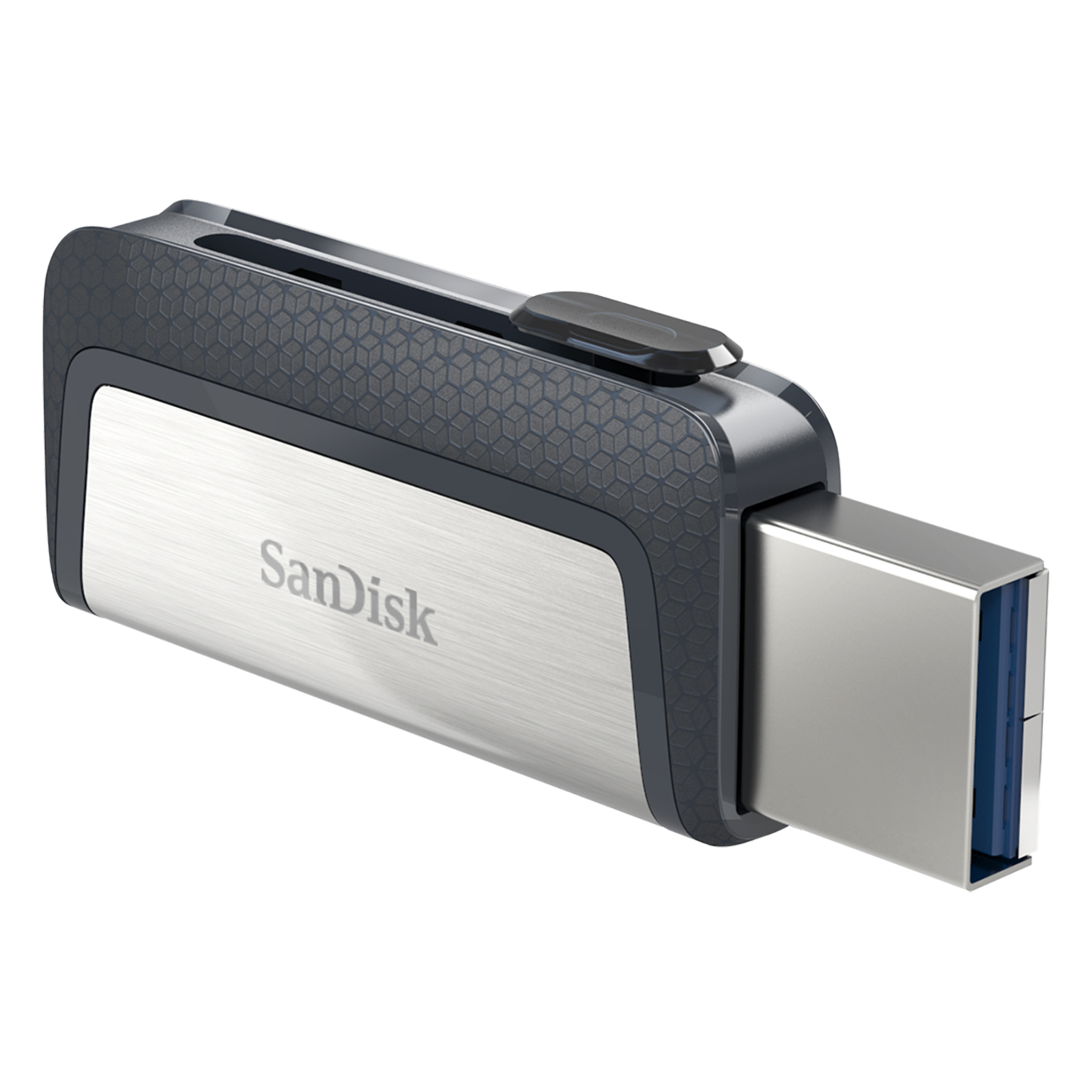 Chiavetta USB SanDisk argento e nera. Ha connettore USB-A e USB-C e un cursore nero.