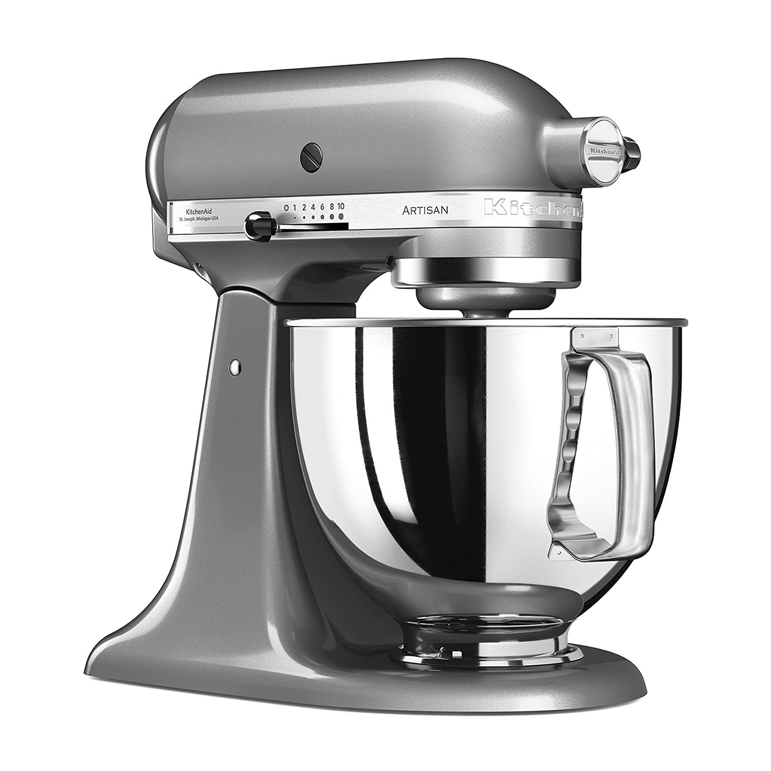 Robot da cucina KitchenAid grigio, ciotola in acciaio inox, sfondo bianco.