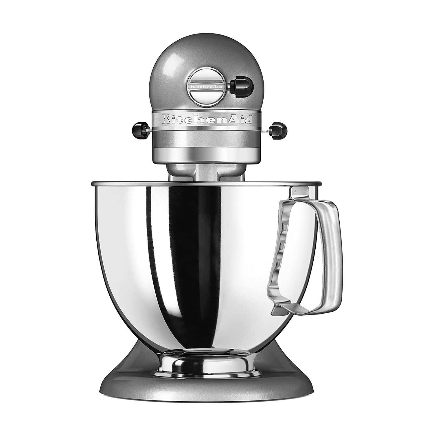 Un robot da cucina KitchenAid argentato con ciotola e manico, isolato su sfondo bianco.