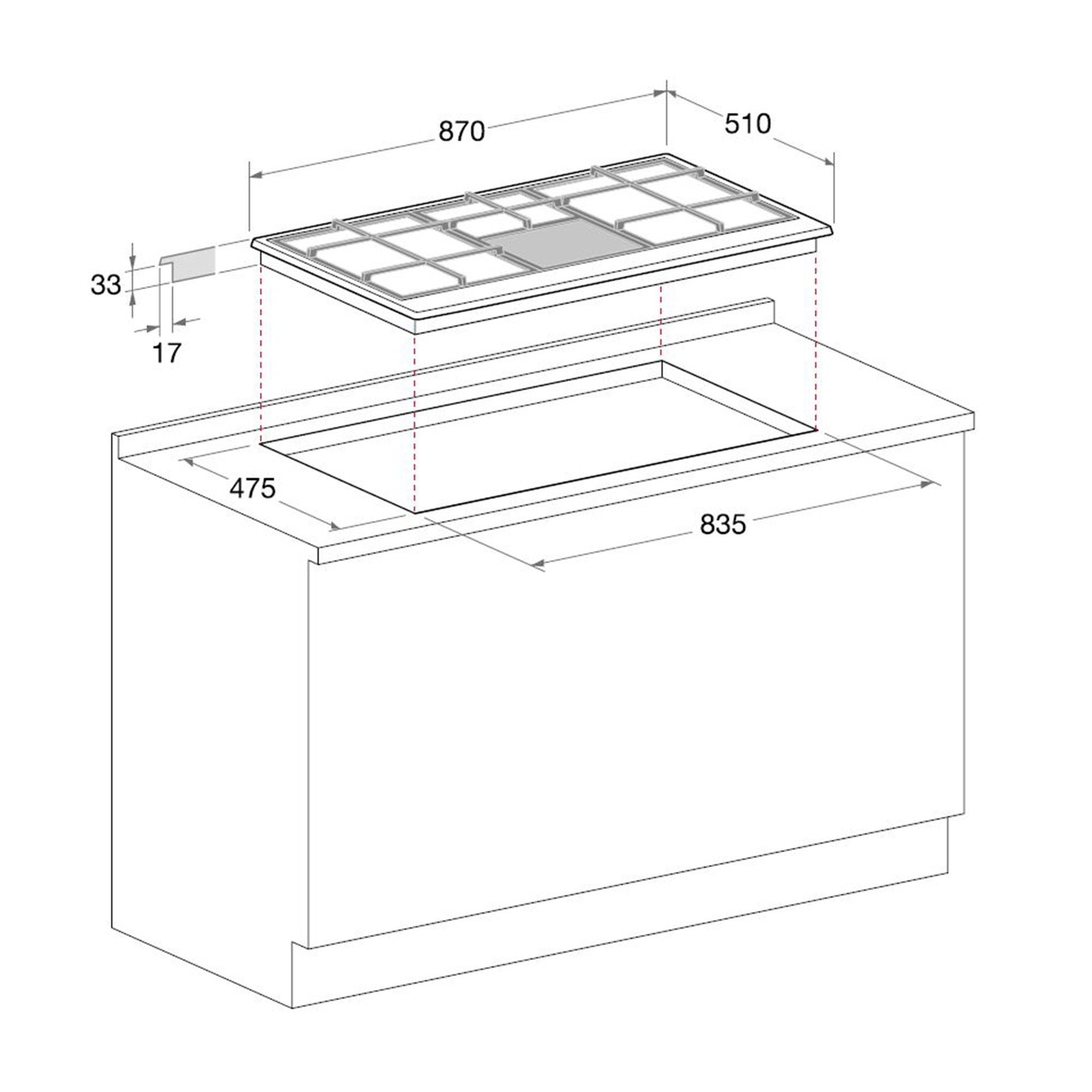 Disegno al tratto di un piano cottura con misure su sfondo bianco.