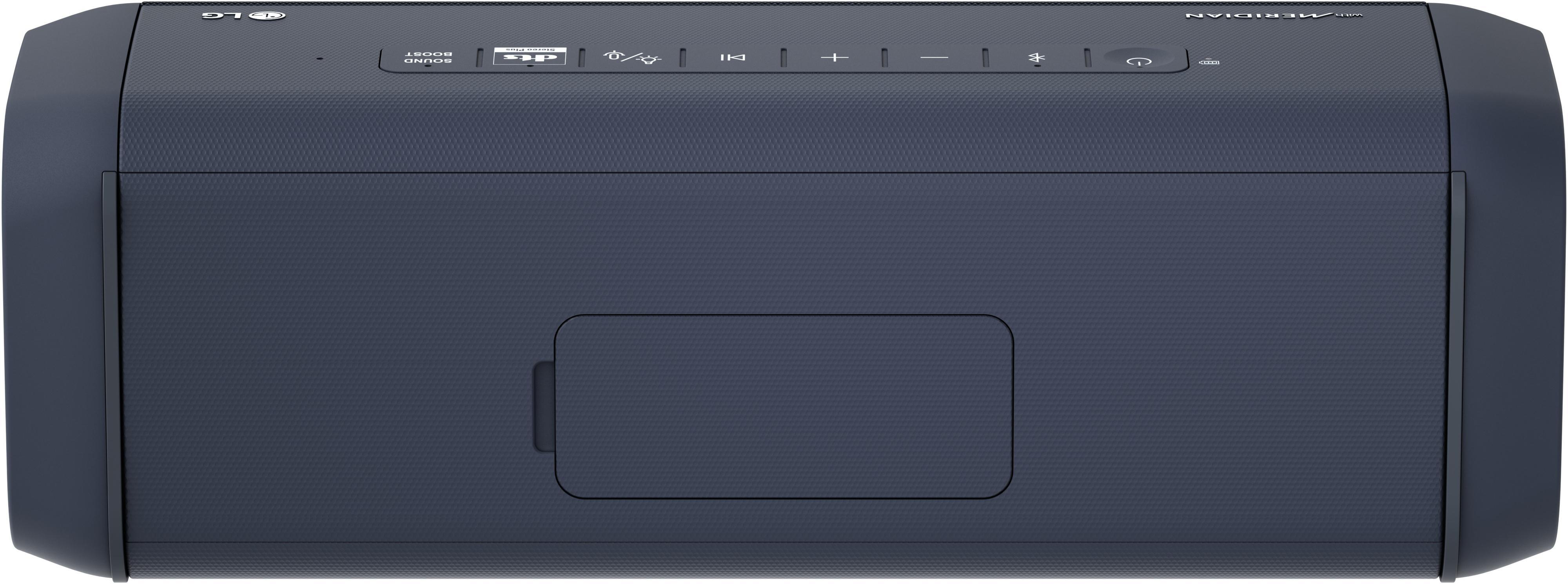 Dunkelblauer Lautsprecher mit Steuertasten und den Logos von LG und Meridian.