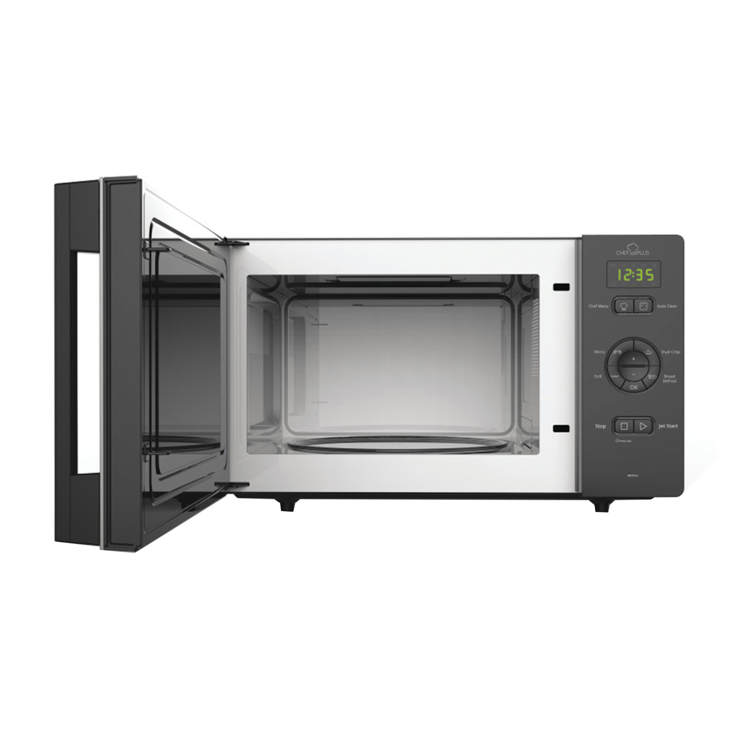 Un forno a microonde, aperto per mostrare l'interno, con il display che mostra le 12:35.