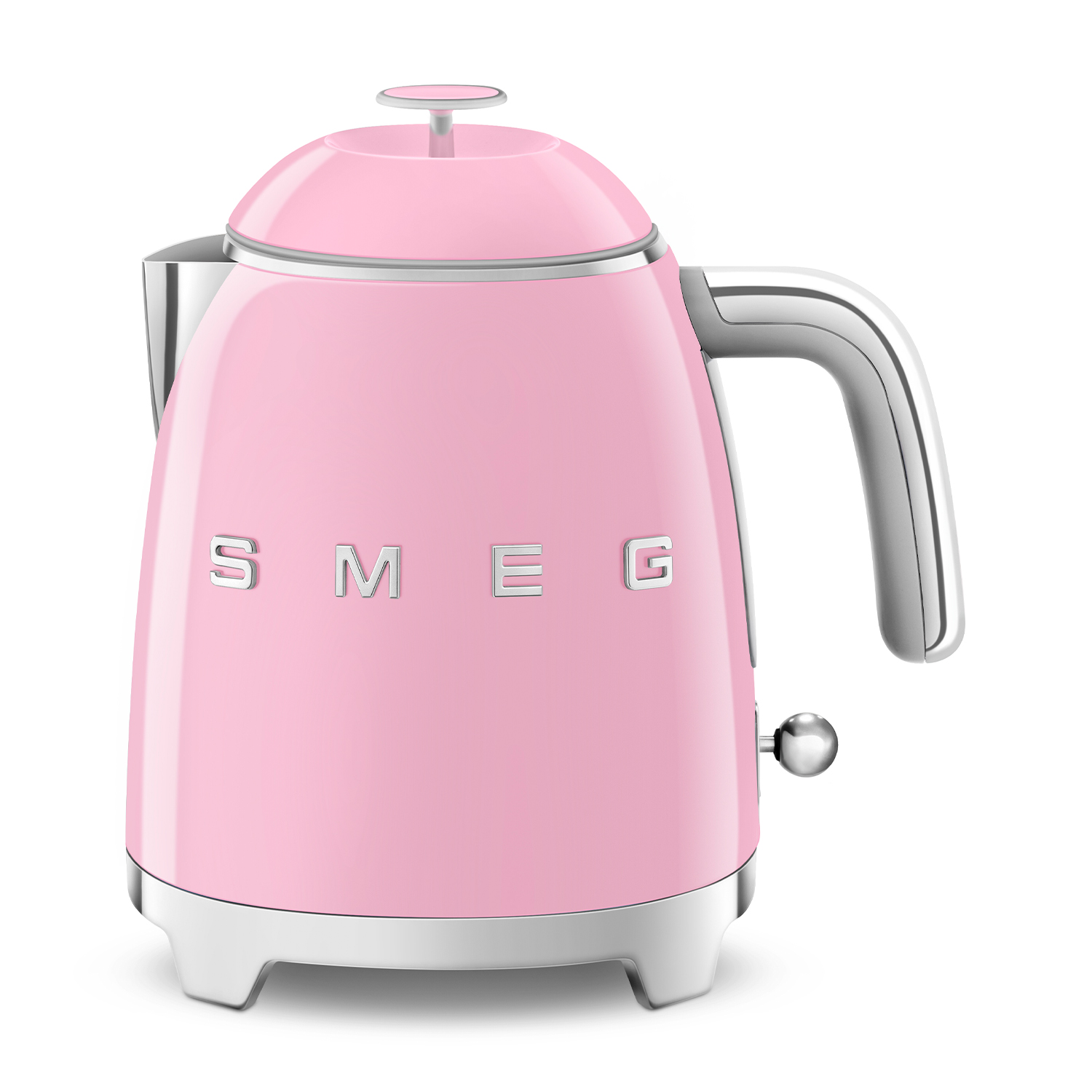 Bollitore Smeg rosa con dettagli argentati.