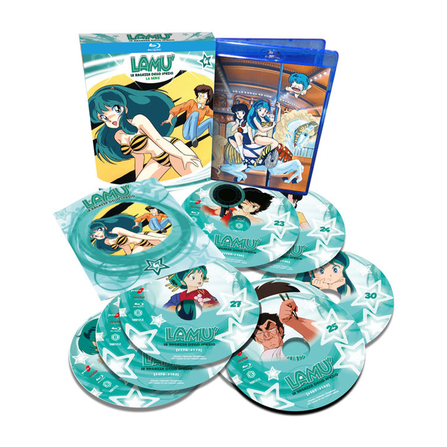 Cofanetto anime con DVD e Blu-ray, con una donna e personaggi. Il set è su una superficie bianca.
