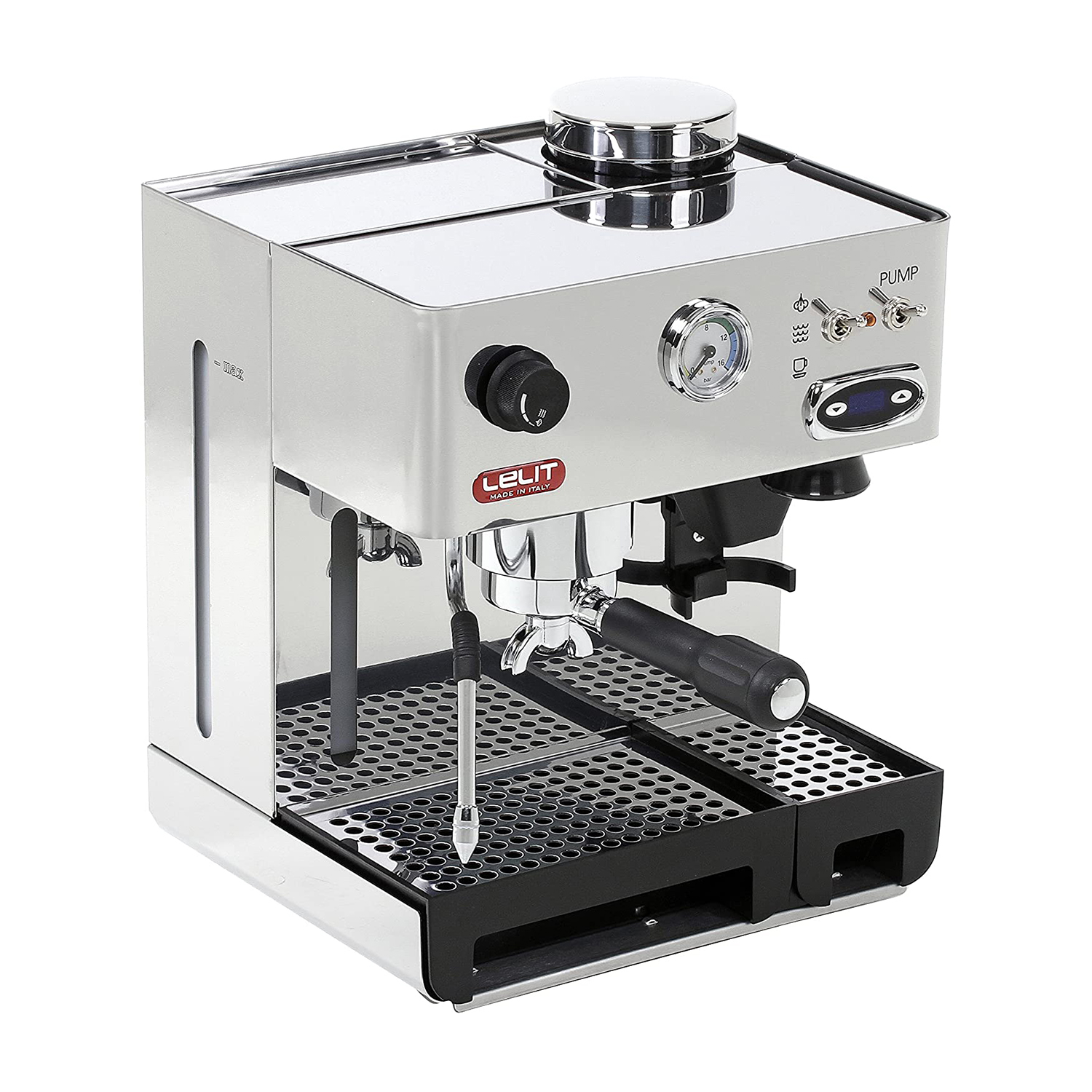Una macchina per caffè espresso in acciaio inossidabile. Ha un manometro, un serbatoio dell'acqua e un manico nero.