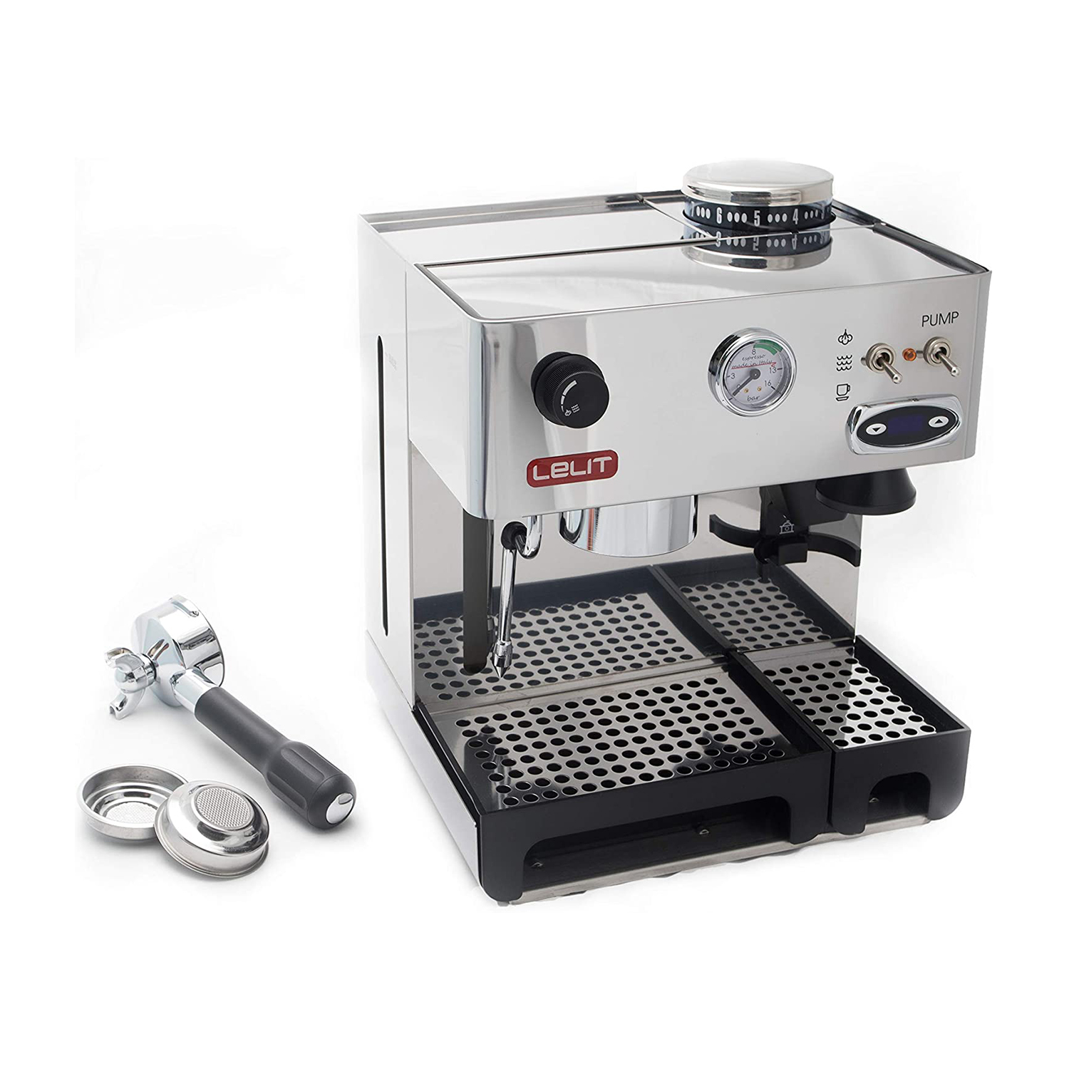 Macchina per espresso Lelit in acciaio inossidabile con accessori.