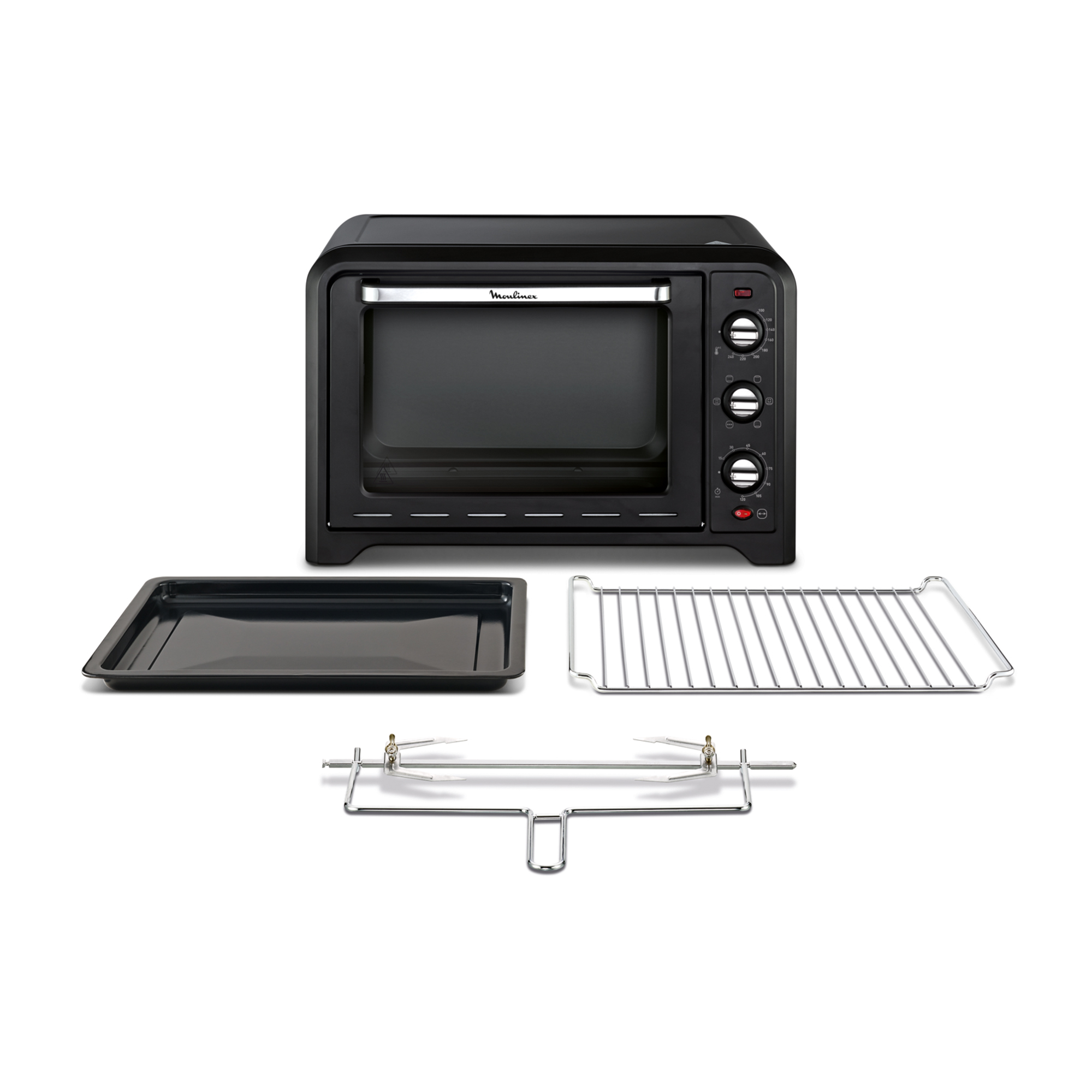Forno Moulinex nero con accessori. Include teglia, griglia e girarrosto.