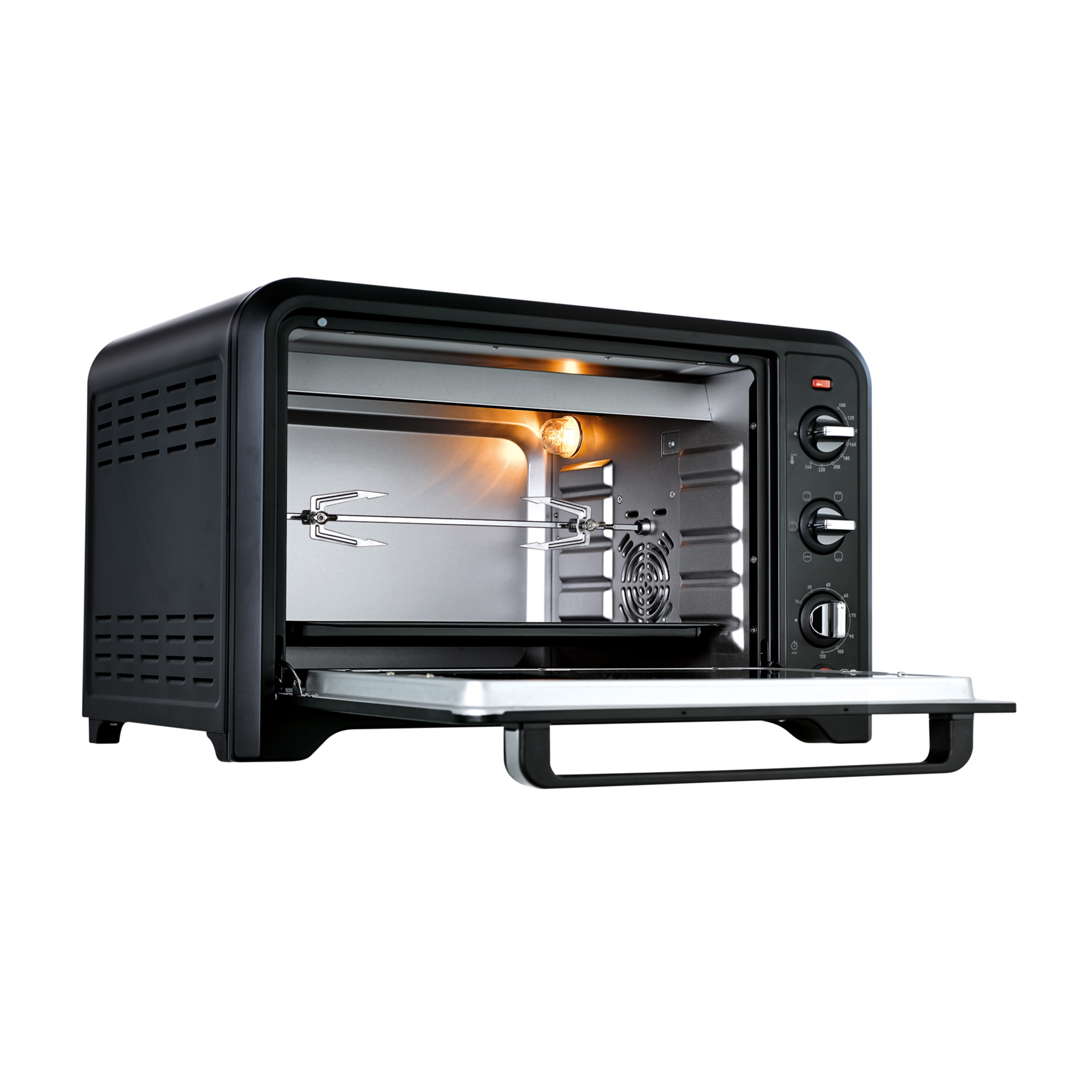 Un forno elettrico nero con la porta aperta, che mostra l'interno e uno spiedo.